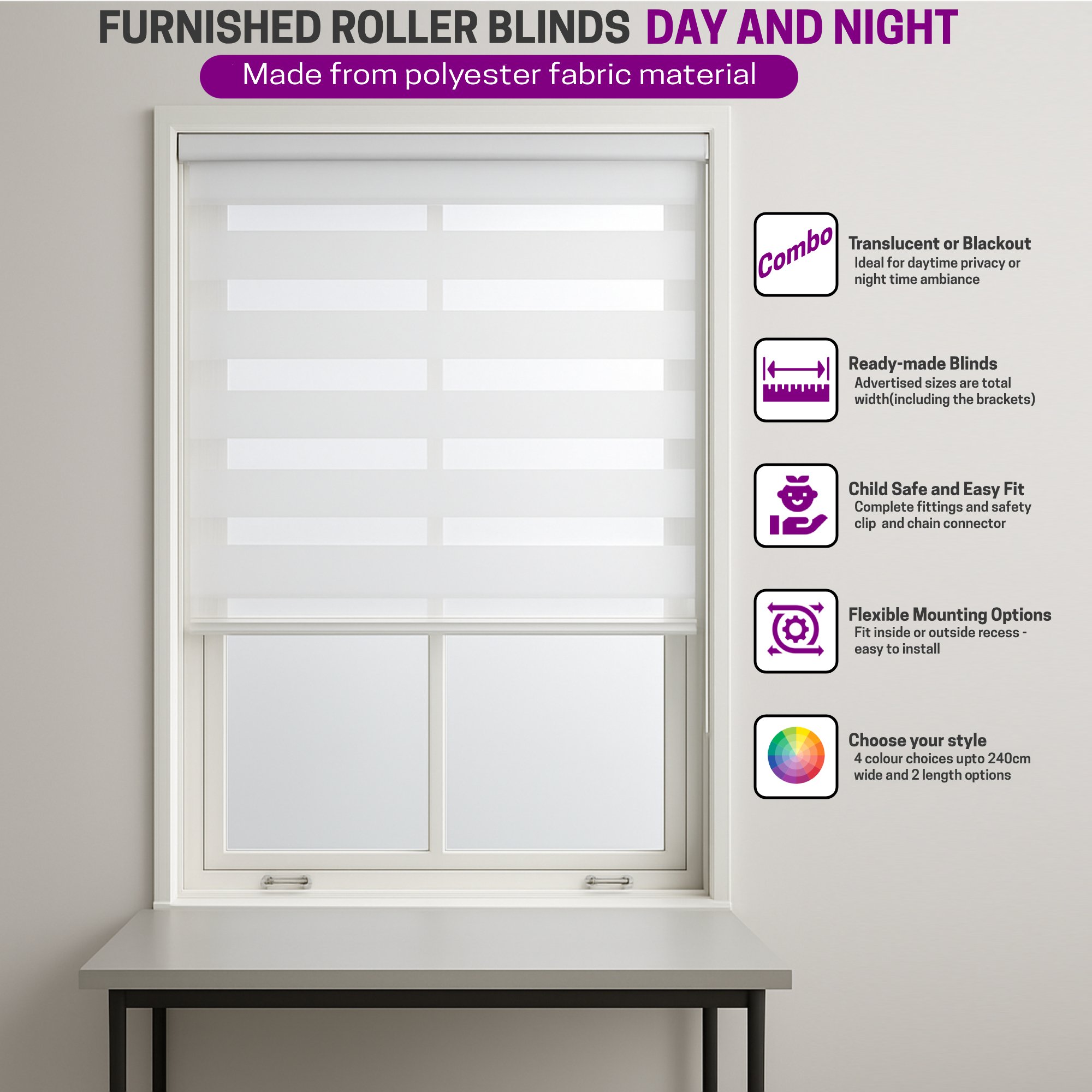 Furnished Black Day and Night Roller Blind - 50cm x 165cm - Image 3