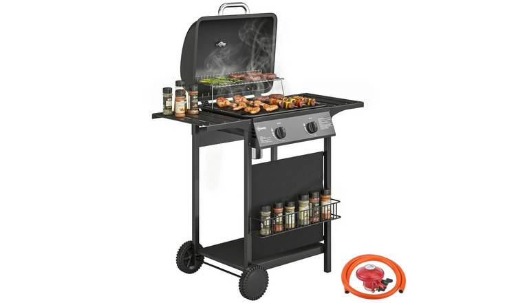 Outsunny 2 Burner Gas BBQ Grill with Warming Rack Side Tables - Black