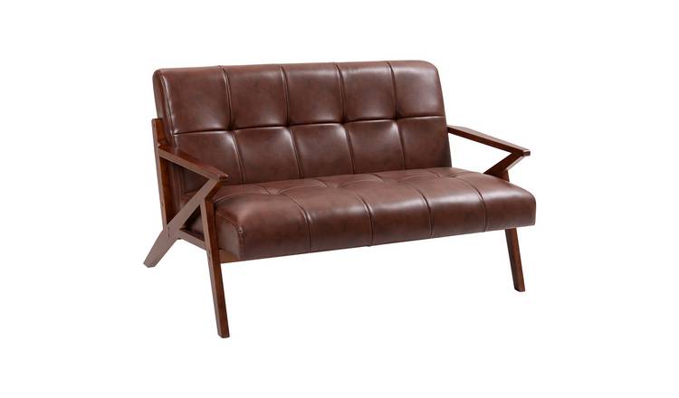 HOMCOM 2 Seater Faux Leather Sofa with Solid Wood Legs - Brown