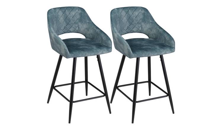 HOMCOM Set of 2 Velvet-Touch Fabric Bar Stools with Steel Legs for Dining - Blue
