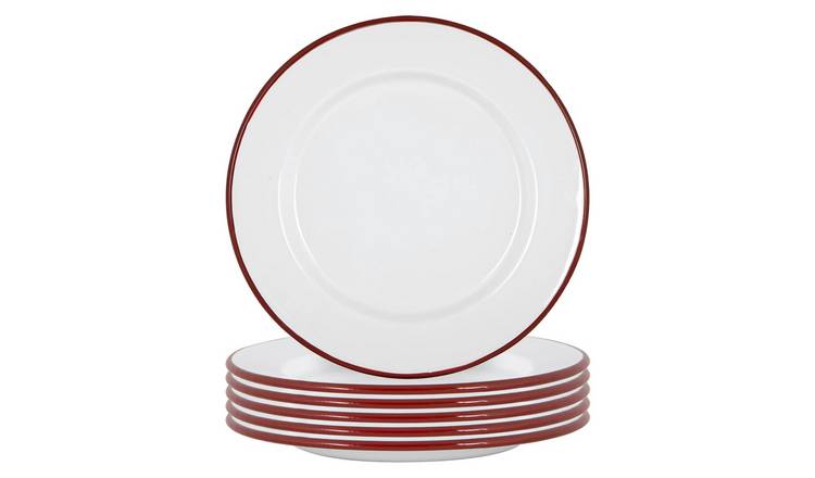 Argon Tableware White Enamel Dinner Plates Pack of 6 - Red