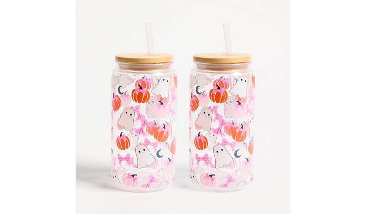 OHS Ghost & Bow Print Plastic Drinking Jars with Bamboo Lids - 2 Pack