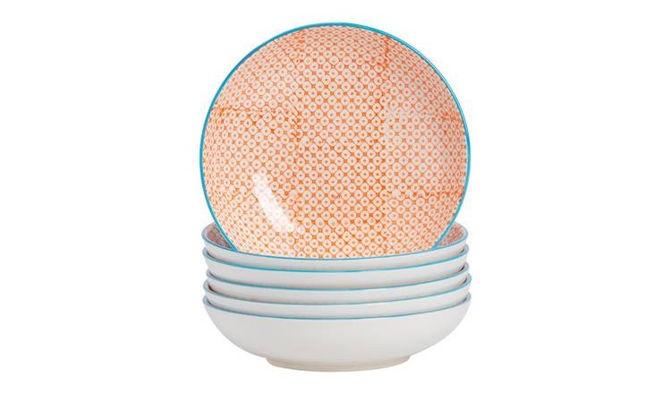 Nicola Spring Hand-Printed Pasta Bowls - Orange - Pack of 6