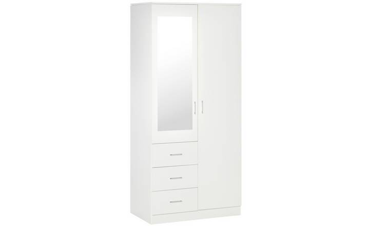HOMCOM 2 Door 3 Drawer Mirrored Wardrobe with Hanging Rail and Mirror - White