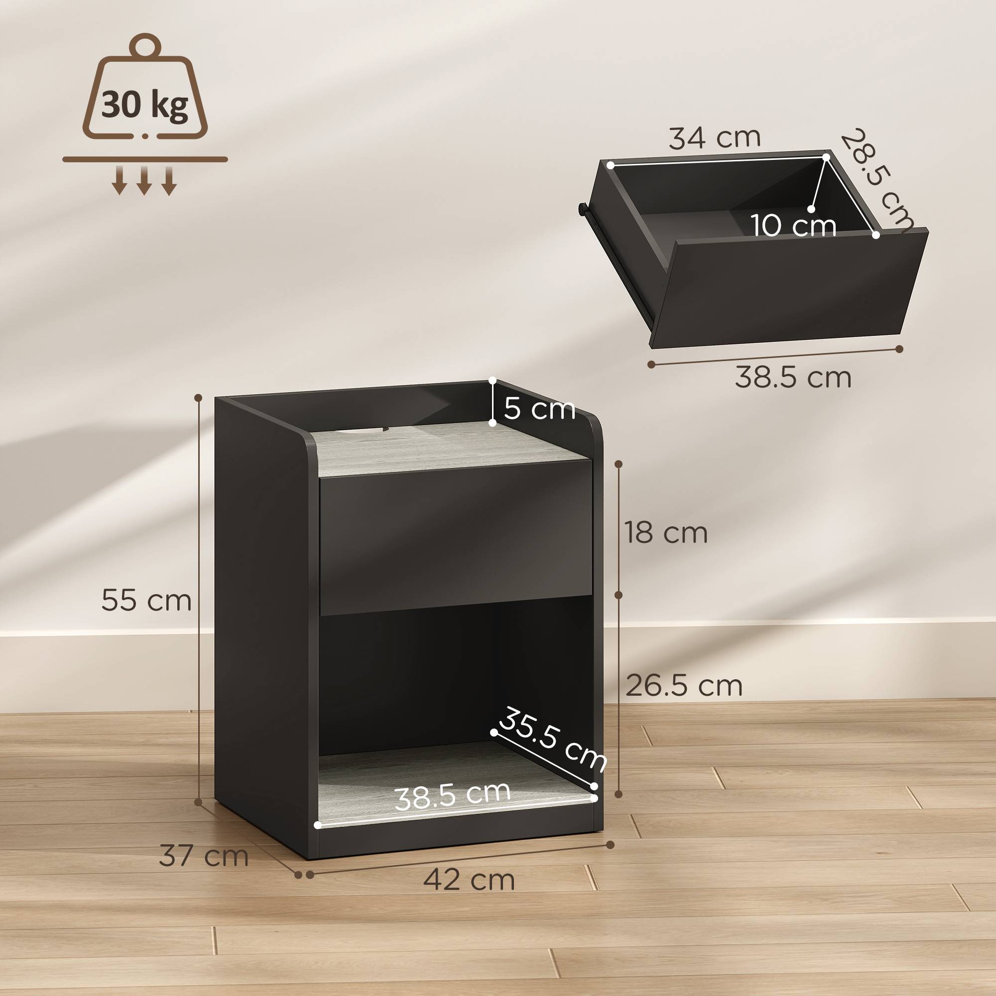 HOMCOM Modern Bedside Table with Drawer and Cable Holes - Black and Grey - Image 7