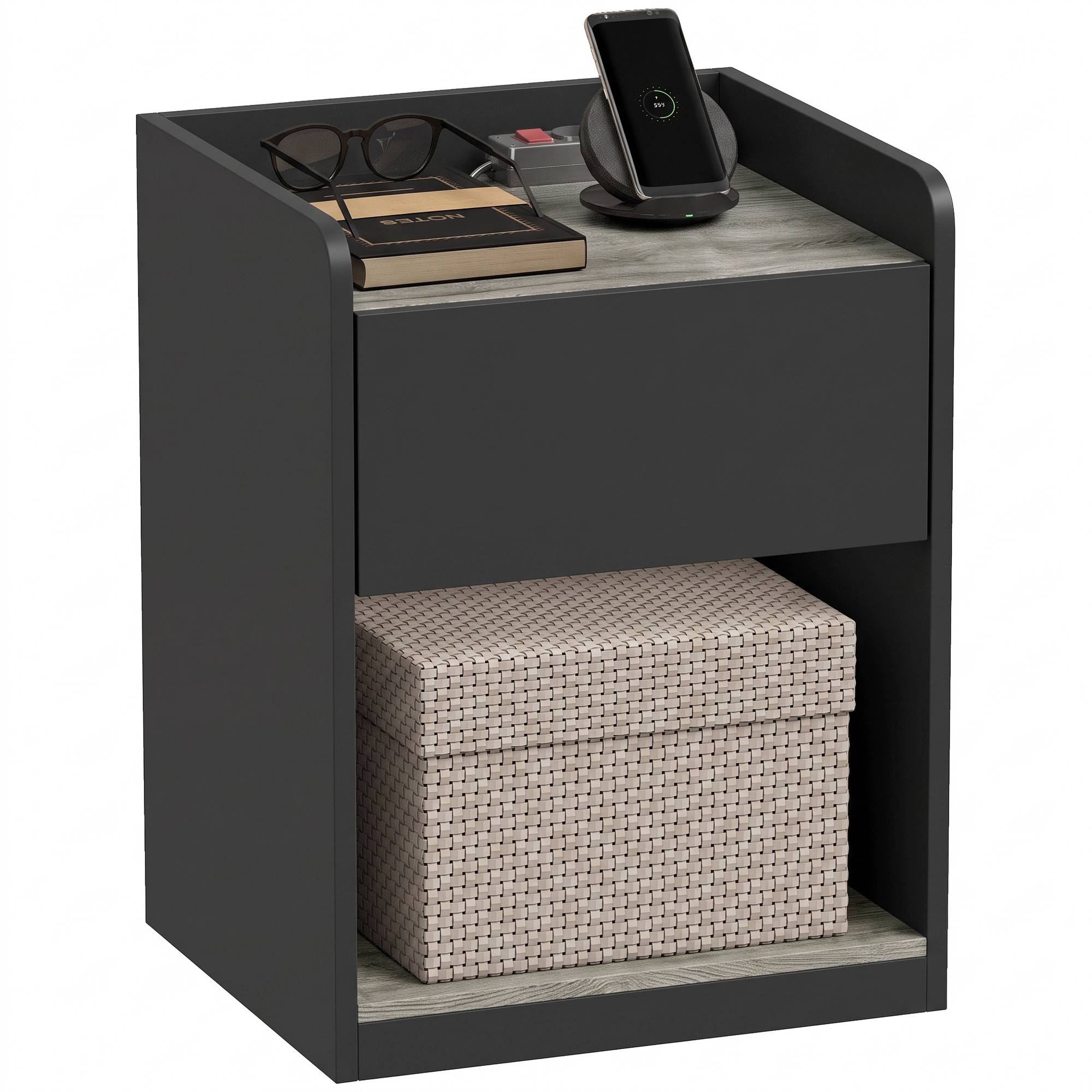 HOMCOM Modern Bedside Table with Drawer and Cable Holes - Black and Grey - Image 1