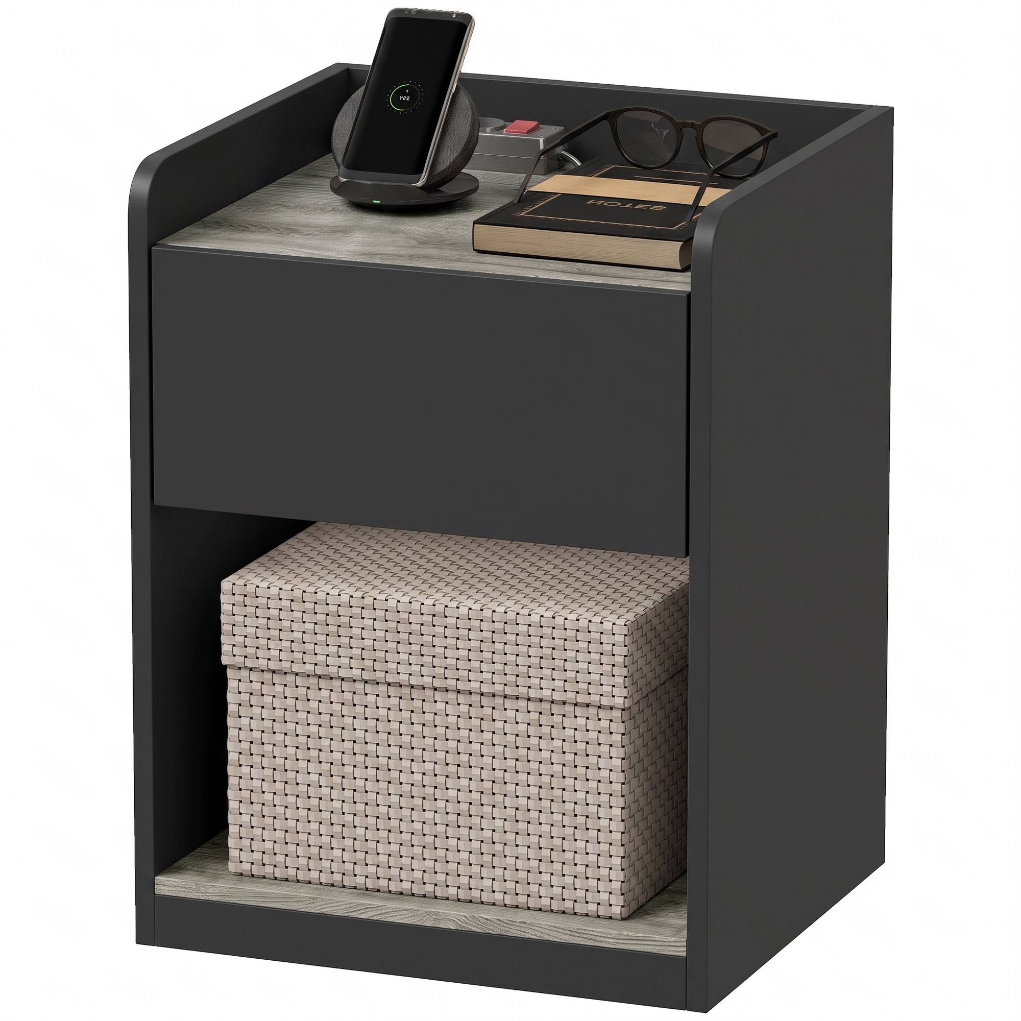 HOMCOM Modern Bedside Table with Drawer and Cable Holes - Black and Grey - Image 2