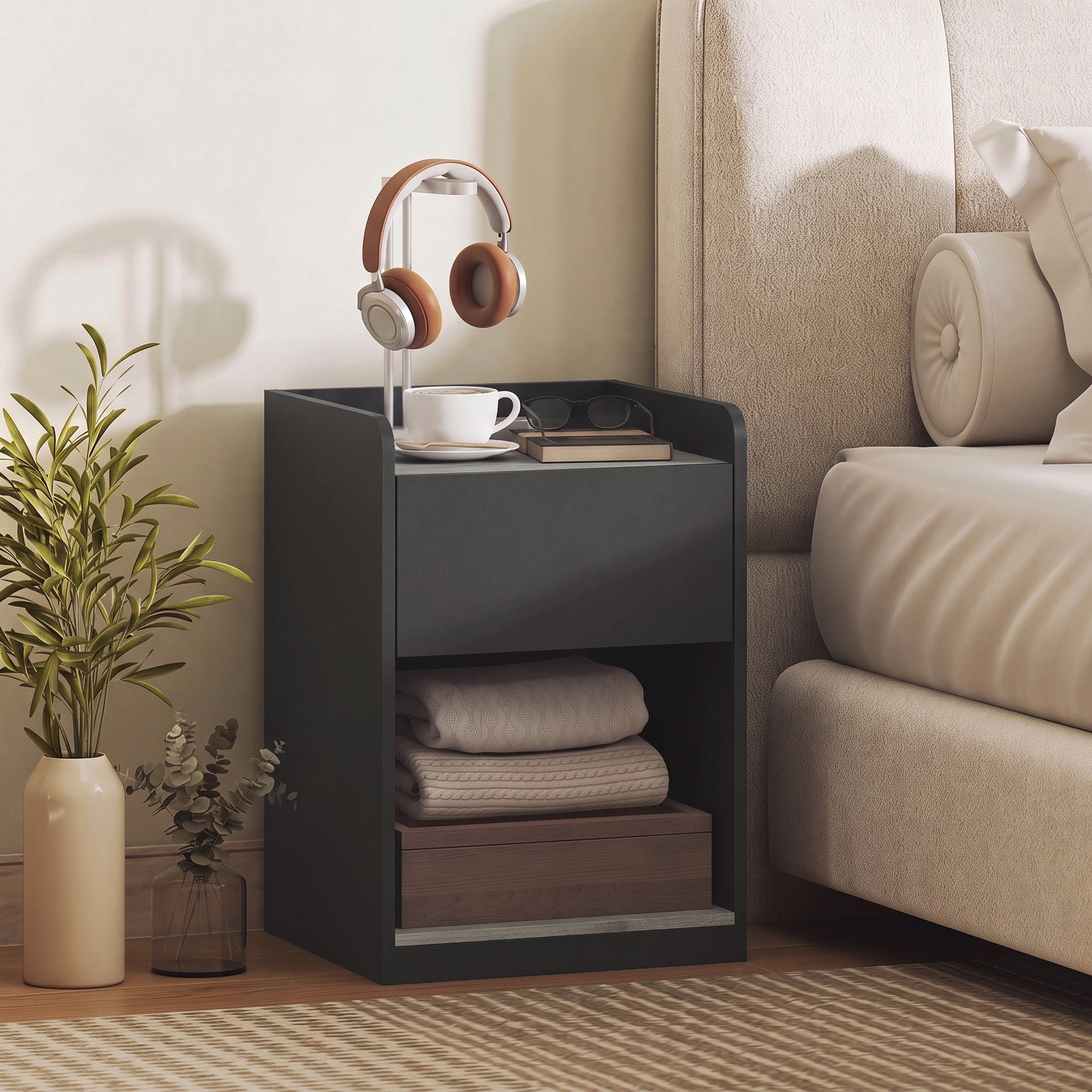 HOMCOM Modern Bedside Table with Drawer and Cable Holes - Black and Grey - Image 3