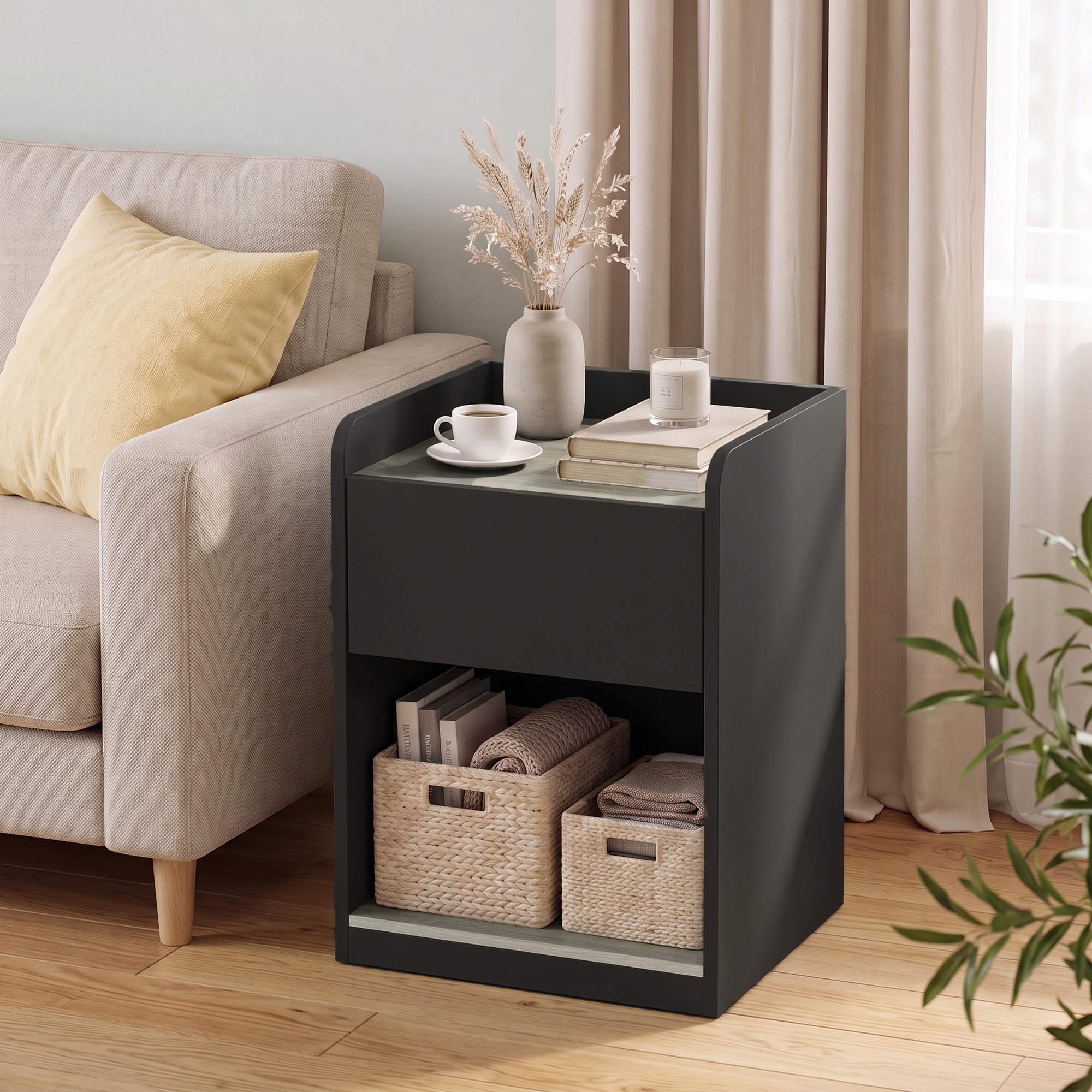 HOMCOM Modern Bedside Table with Drawer and Cable Holes - Black and Grey - Image 4
