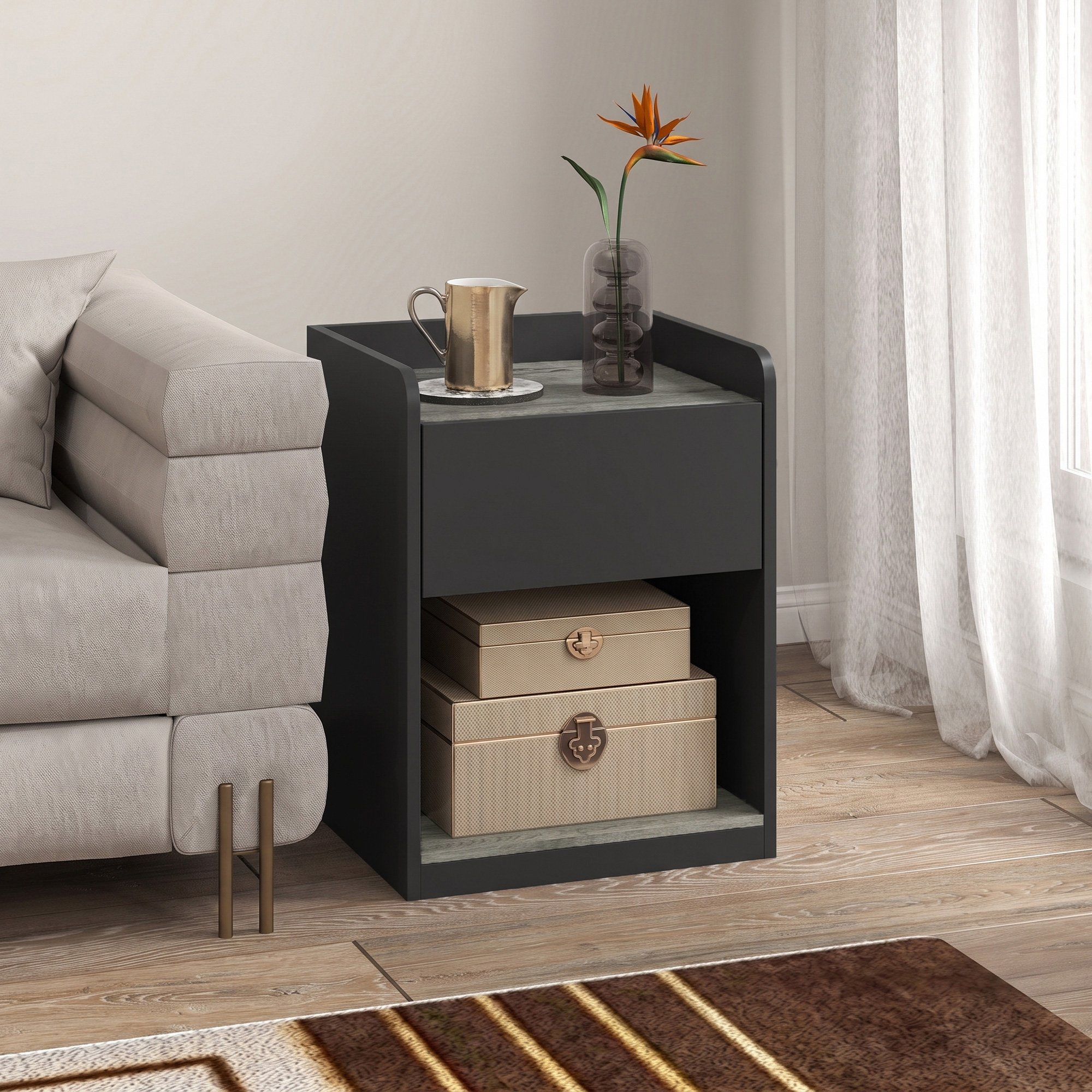 HOMCOM Modern Bedside Table with Drawer and Cable Holes - Black and Grey - Image 5