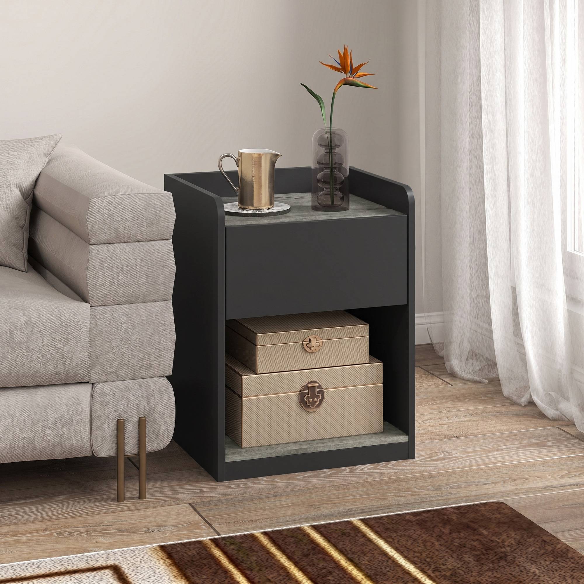 HOMCOM Modern Bedside Table with Drawer and Cable Holes - Black and Grey - Image 5