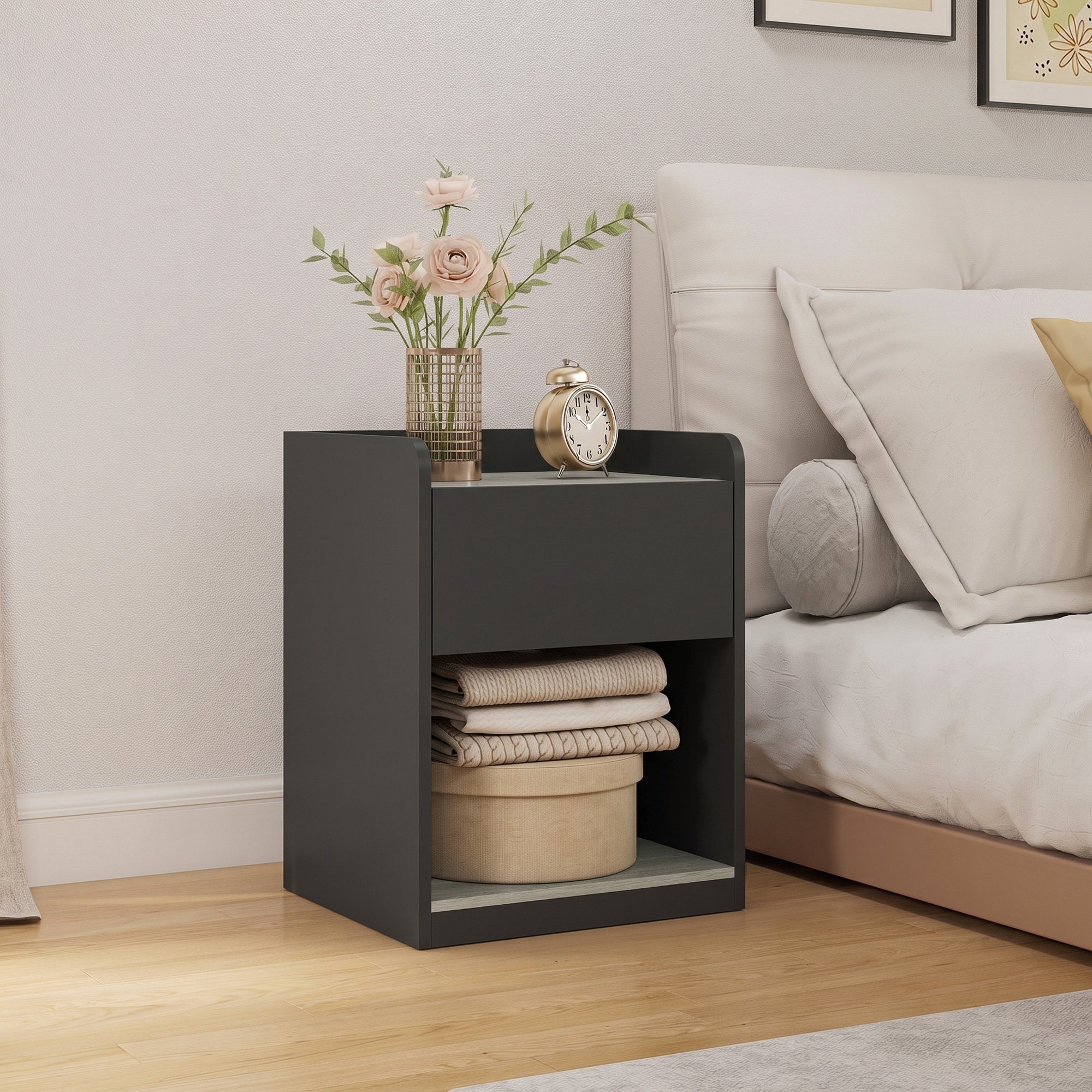 HOMCOM Modern Bedside Table with Drawer and Cable Holes - Black and Grey - Image 6