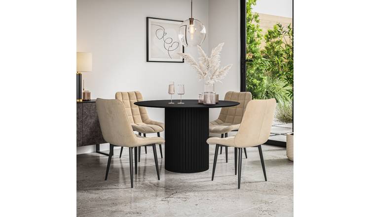 Furniture Online Arlo Nova Black Top w Blk Legs Dining Table & 6 Beige Chairs