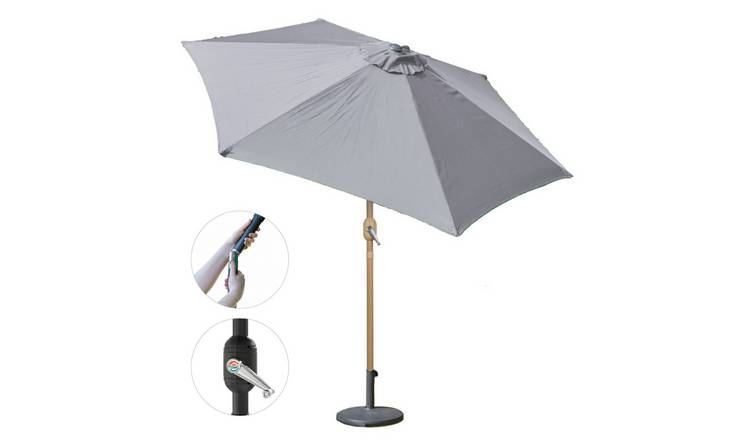 GardenKraft 2.7m Crank & Tilt Parasol - Light Grey with Wood Pole