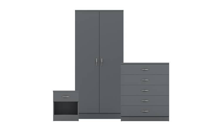 Vida Designs Riano Bedroom Set (Bedside, 5 Drawer Chest, 2 Door Wardrobe) - Grey
