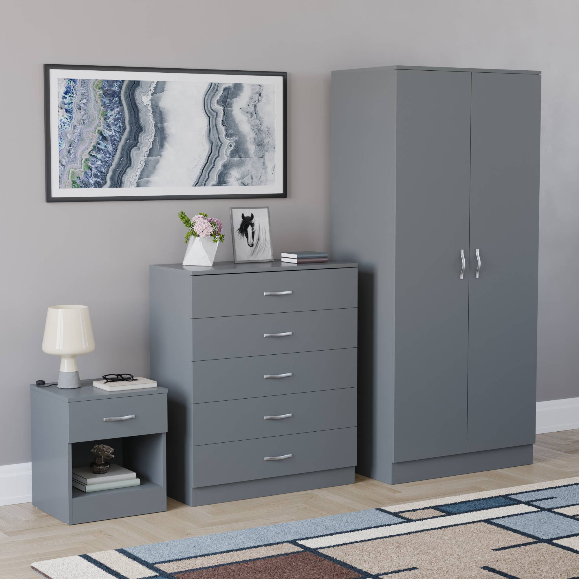 Vida Designs Riano Bedroom Set (Bedside, 5 Drawer Chest, 2 Door Wardrobe) - Grey - Image 1