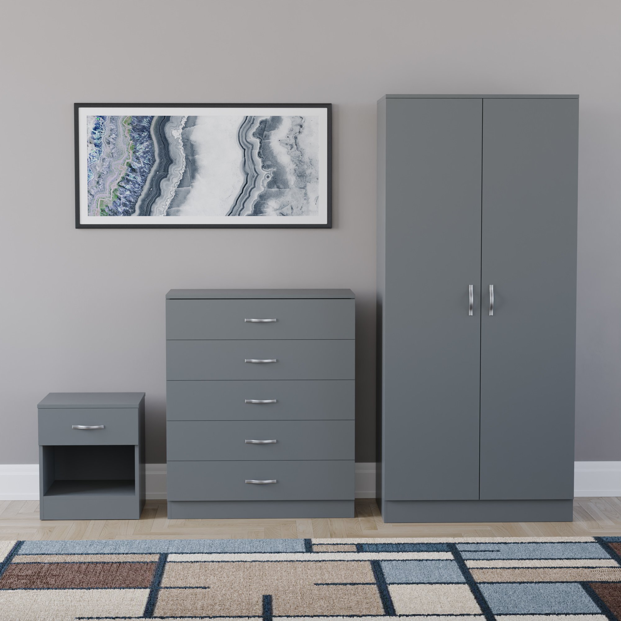 Vida Designs Riano Bedroom Set (Bedside, 5 Drawer Chest, 2 Door Wardrobe) - Grey - Image 2