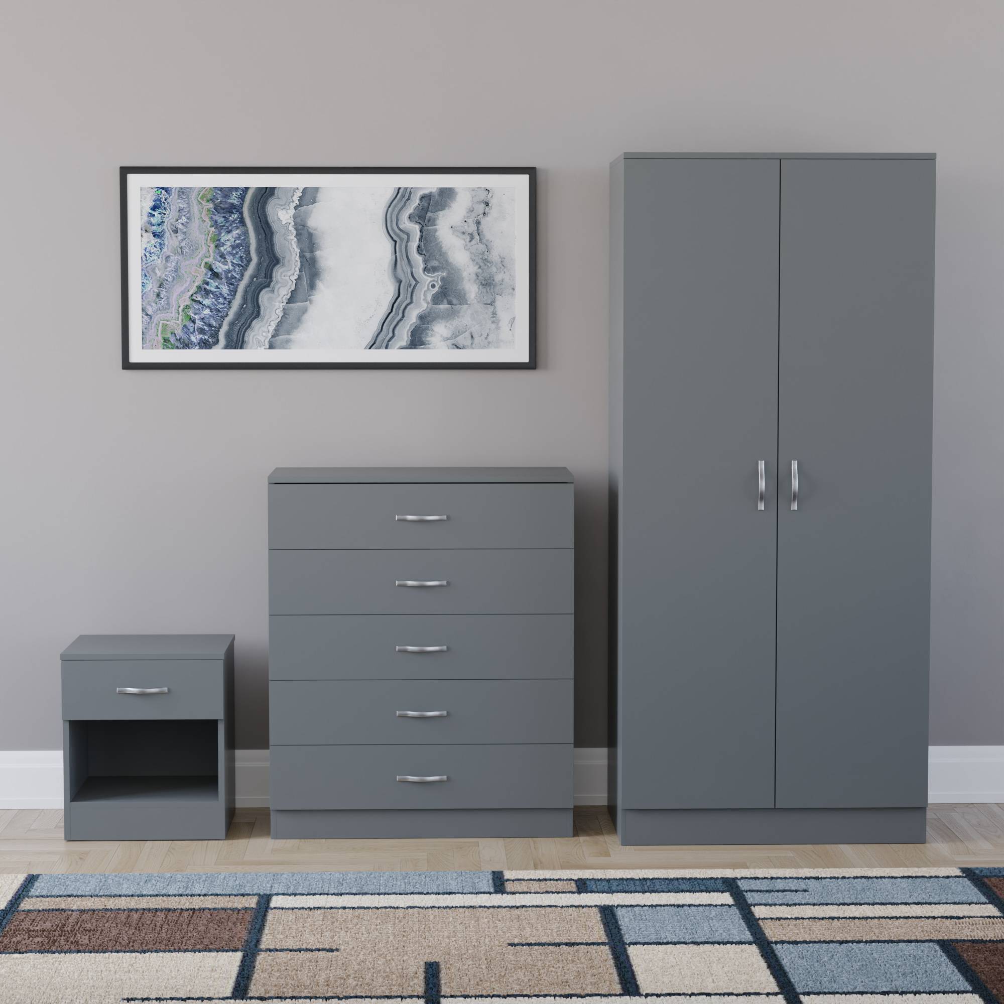 Vida Designs Riano Bedroom Set (Bedside, 5 Drawer Chest, 2 Door Wardrobe) - Grey - Image 2