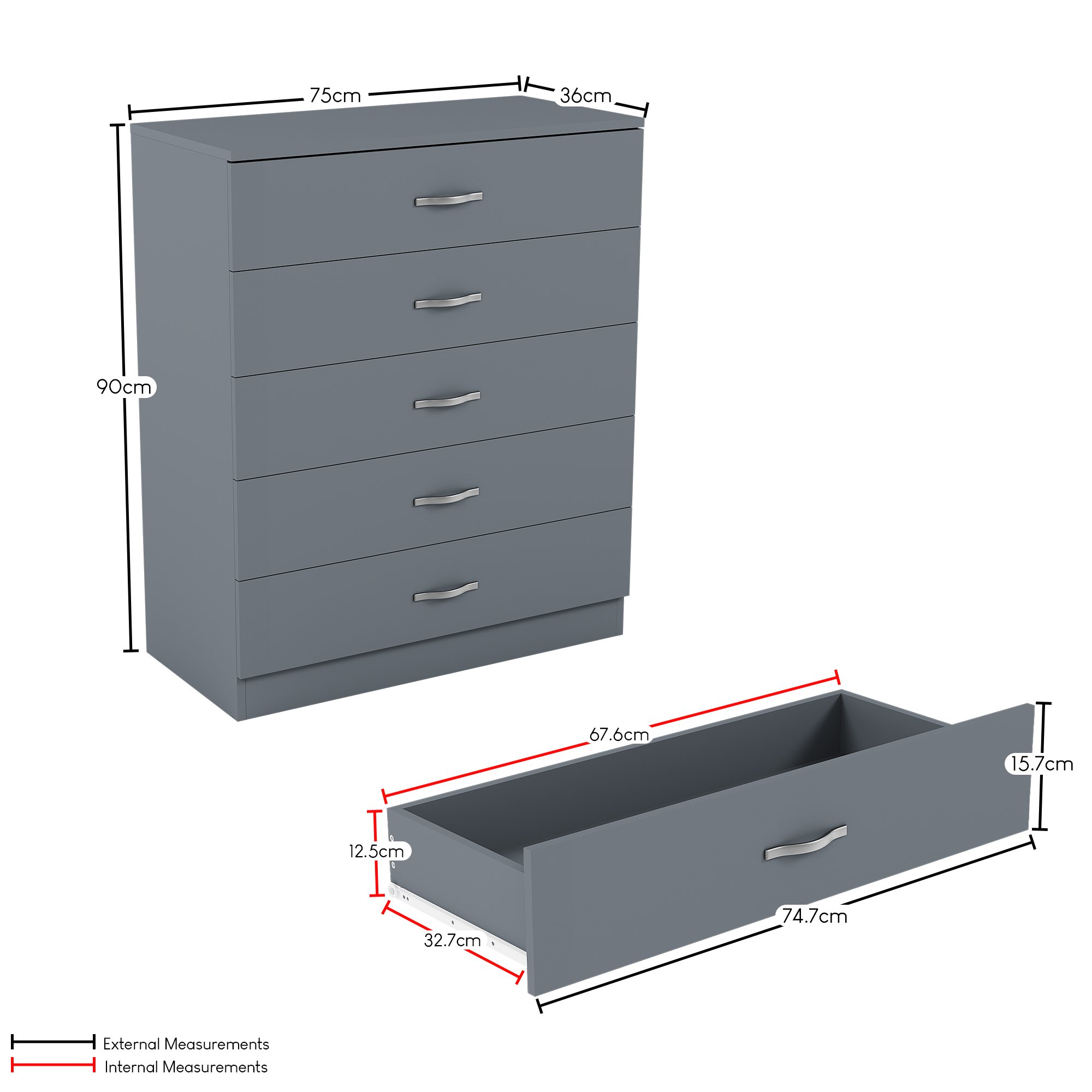 Vida Designs Riano Bedroom Set (Bedside, 5 Drawer Chest, 2 Door Wardrobe) - Grey - Image 3