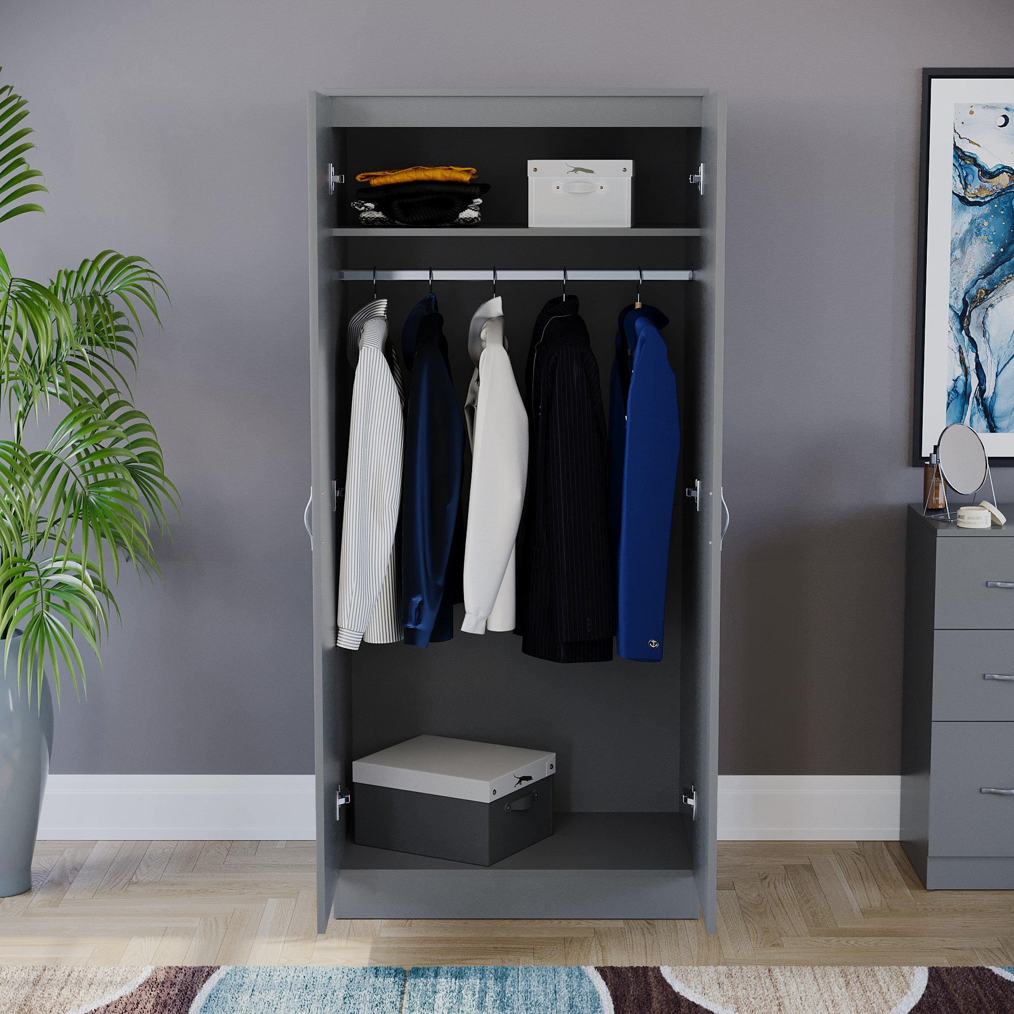 Vida Designs Riano Bedroom Set (Bedside, 5 Drawer Chest, 2 Door Wardrobe) - Grey - Image 6