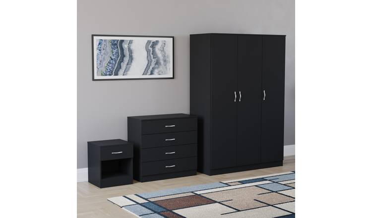 Vida Designs Riano Bedroom Set (Bedside, 4 Drawer Chest, 3 Door Wardrobe)- Black