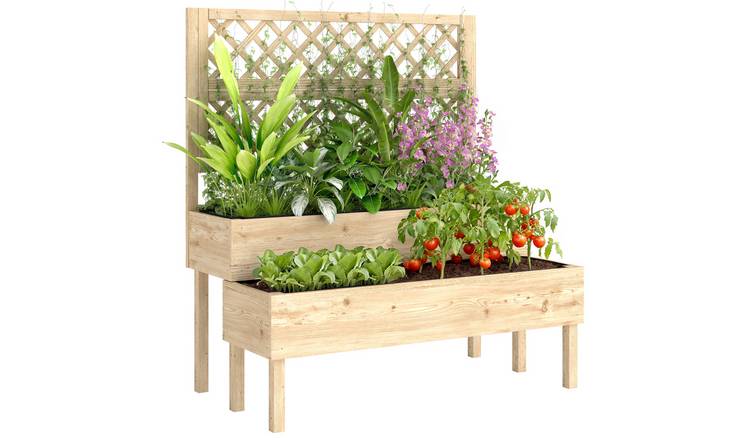 Outsunny 2 Tier Wooden Raised Garden Bed with Drainage Gaps - Natural Wood
