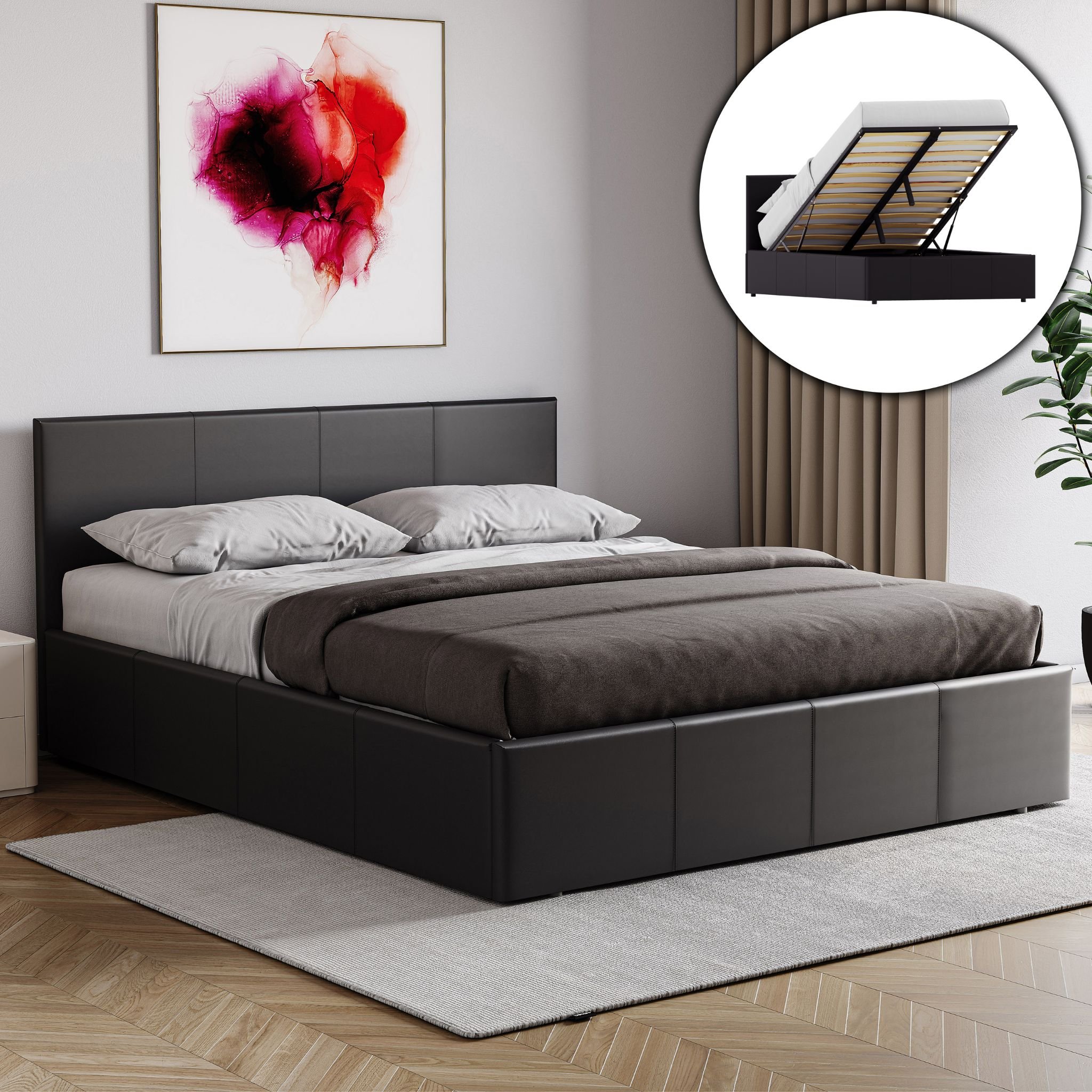 Vida Designs Lisbon King Size Ottoman Faux Leather Storage Bed - Black