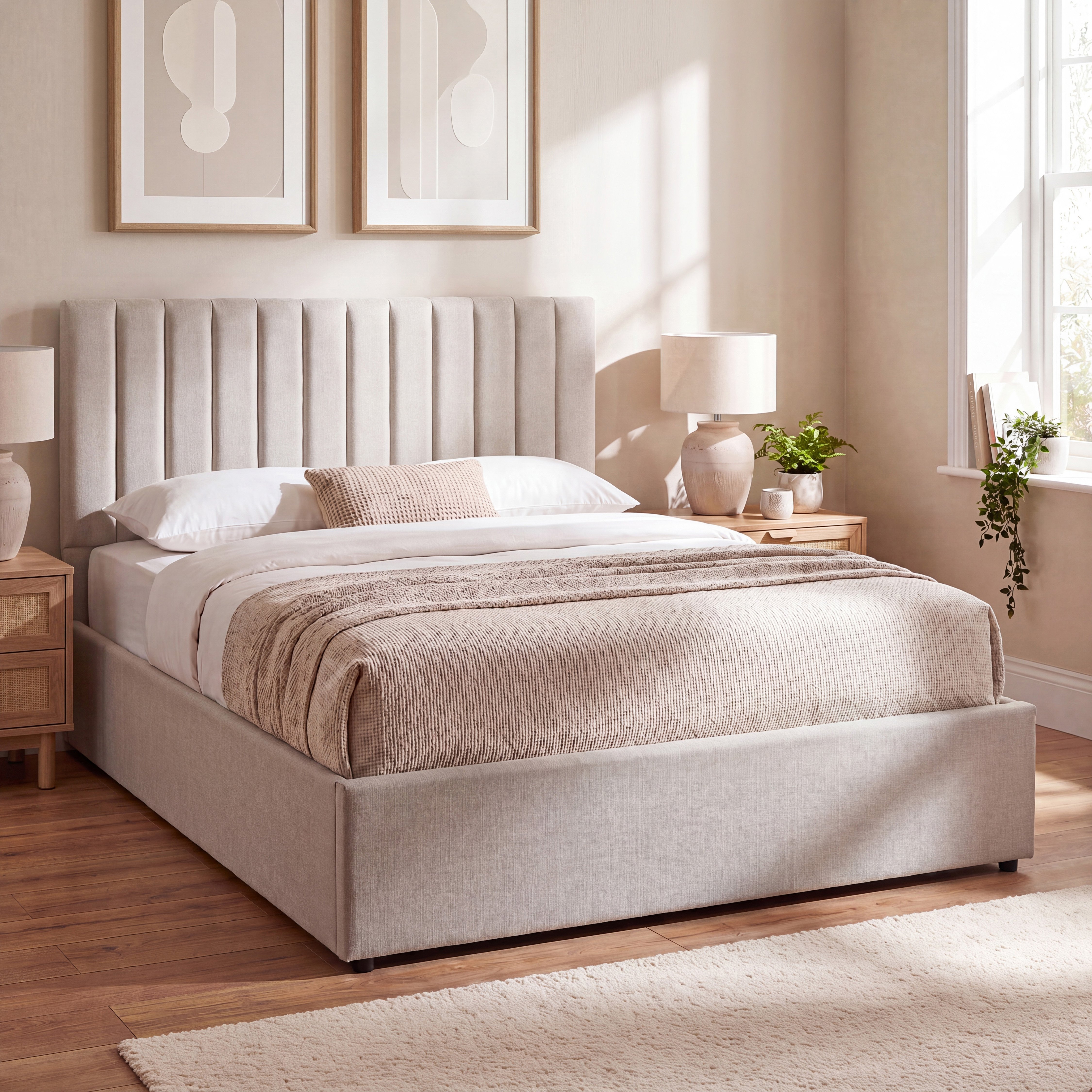 Vida Designs Vellaro King Ottoman Linen Fabric Bed - Beige
