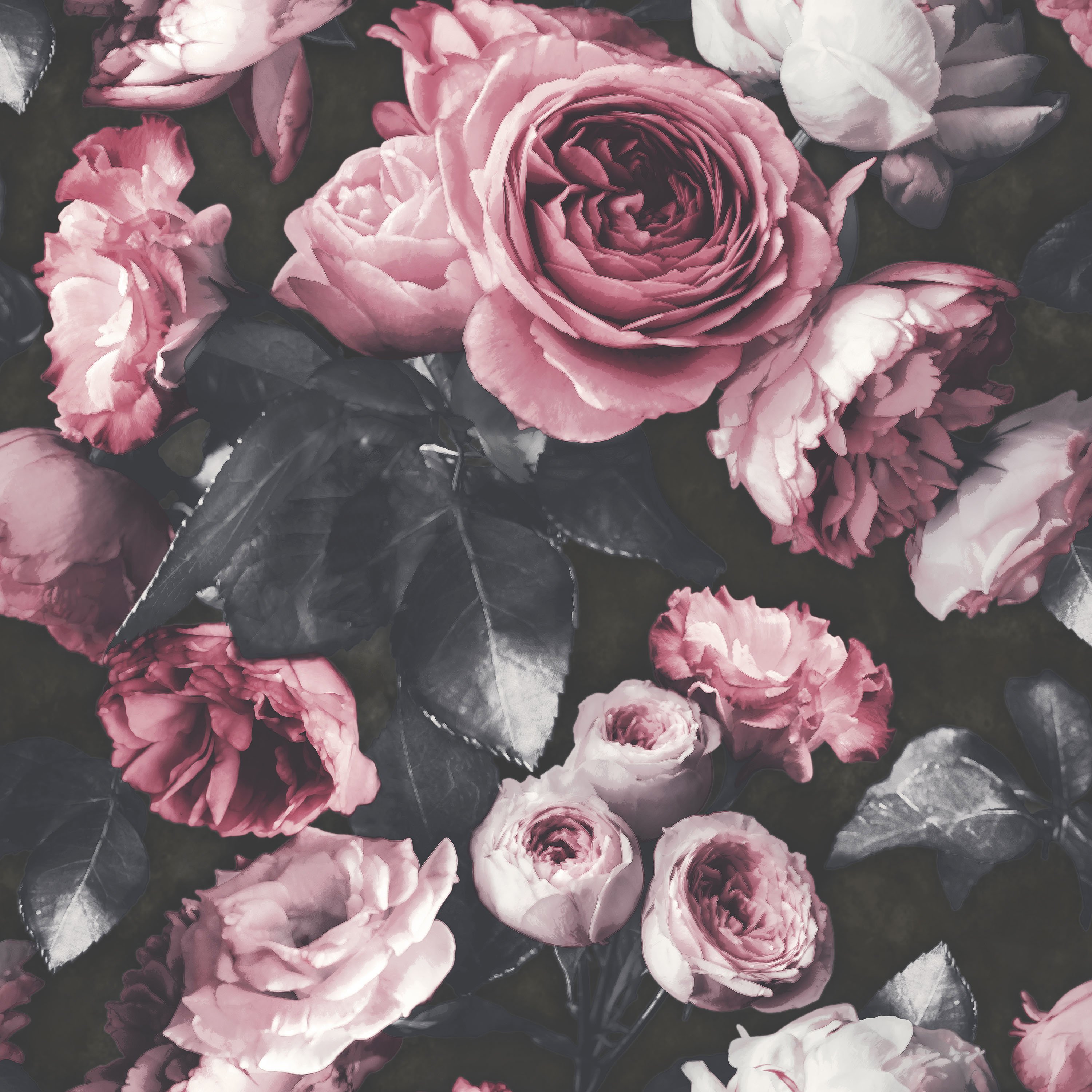 Grandeco Newfiori Vintage Dark Floral Peony Textured Wallpaper - Pink Black