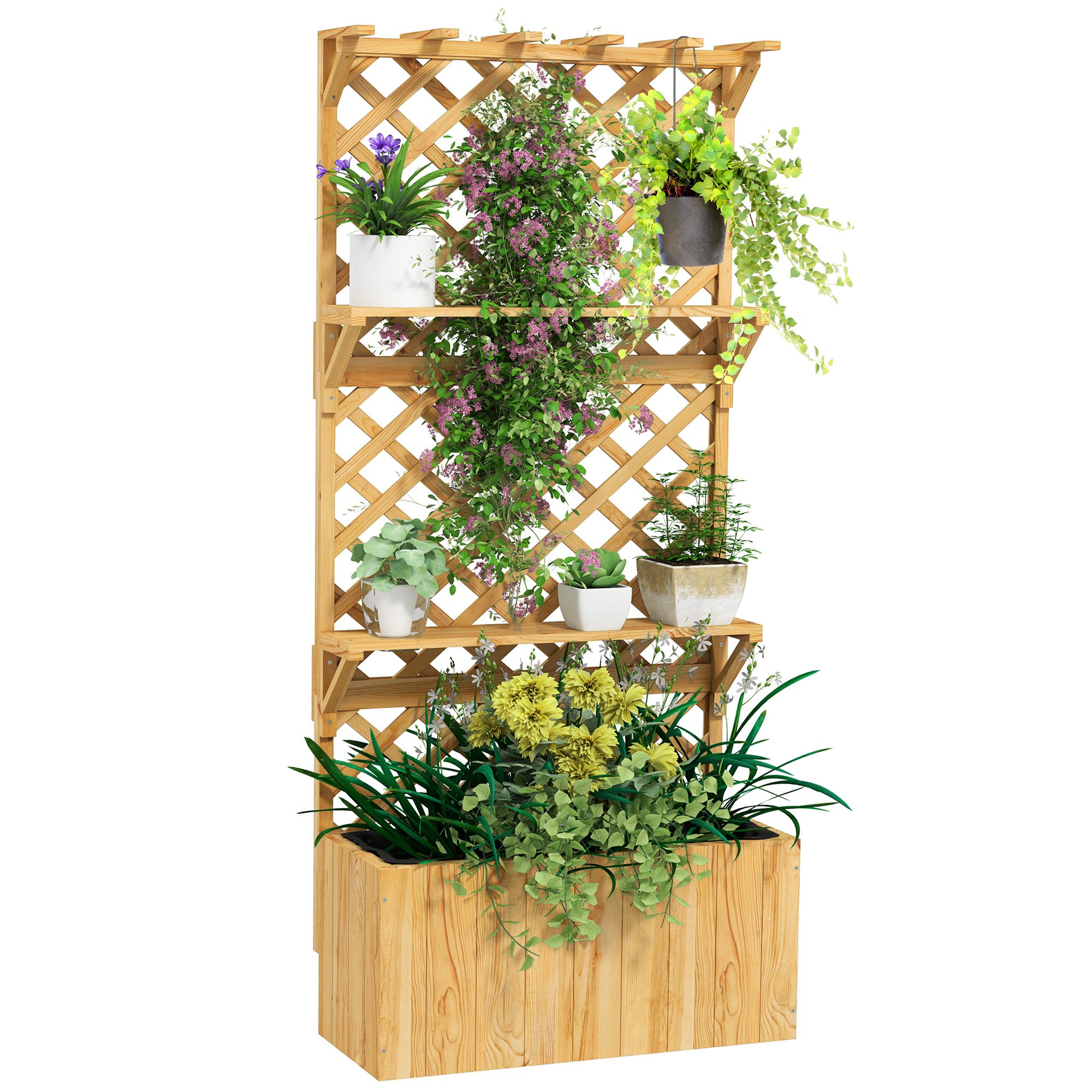 Outsunny Wooden Freestanding Garden Planters with Trellis - Natural Wood