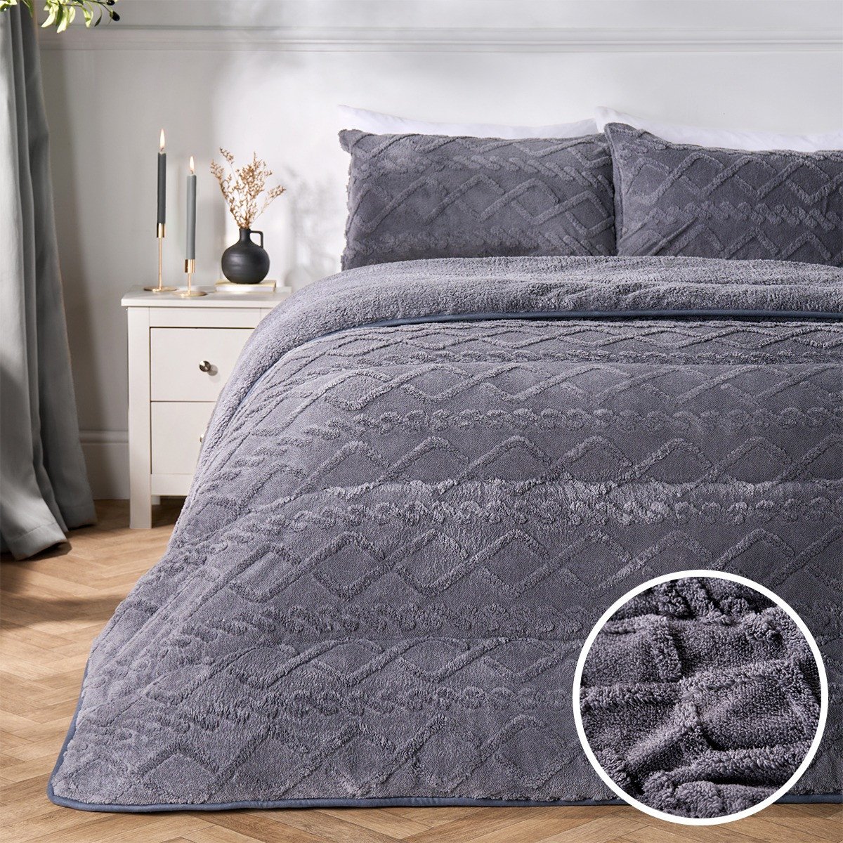 OHS Cable Knit Fleece 10.5 Tog Coverless Duvet Set Grey  - Single