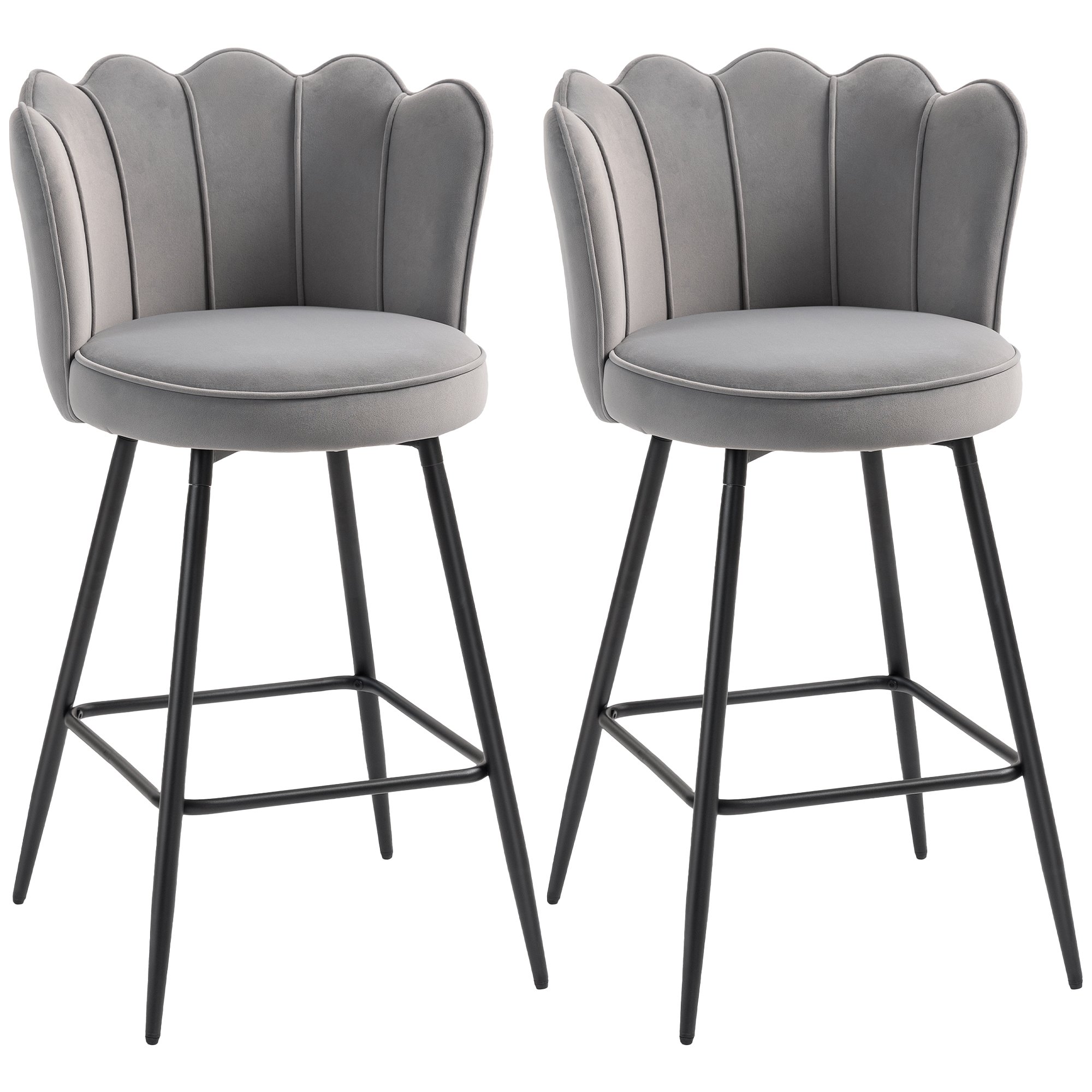 HOMCOM Set of 2 Velvet Bar Stools with Petal Backrest and Footrest - Grey