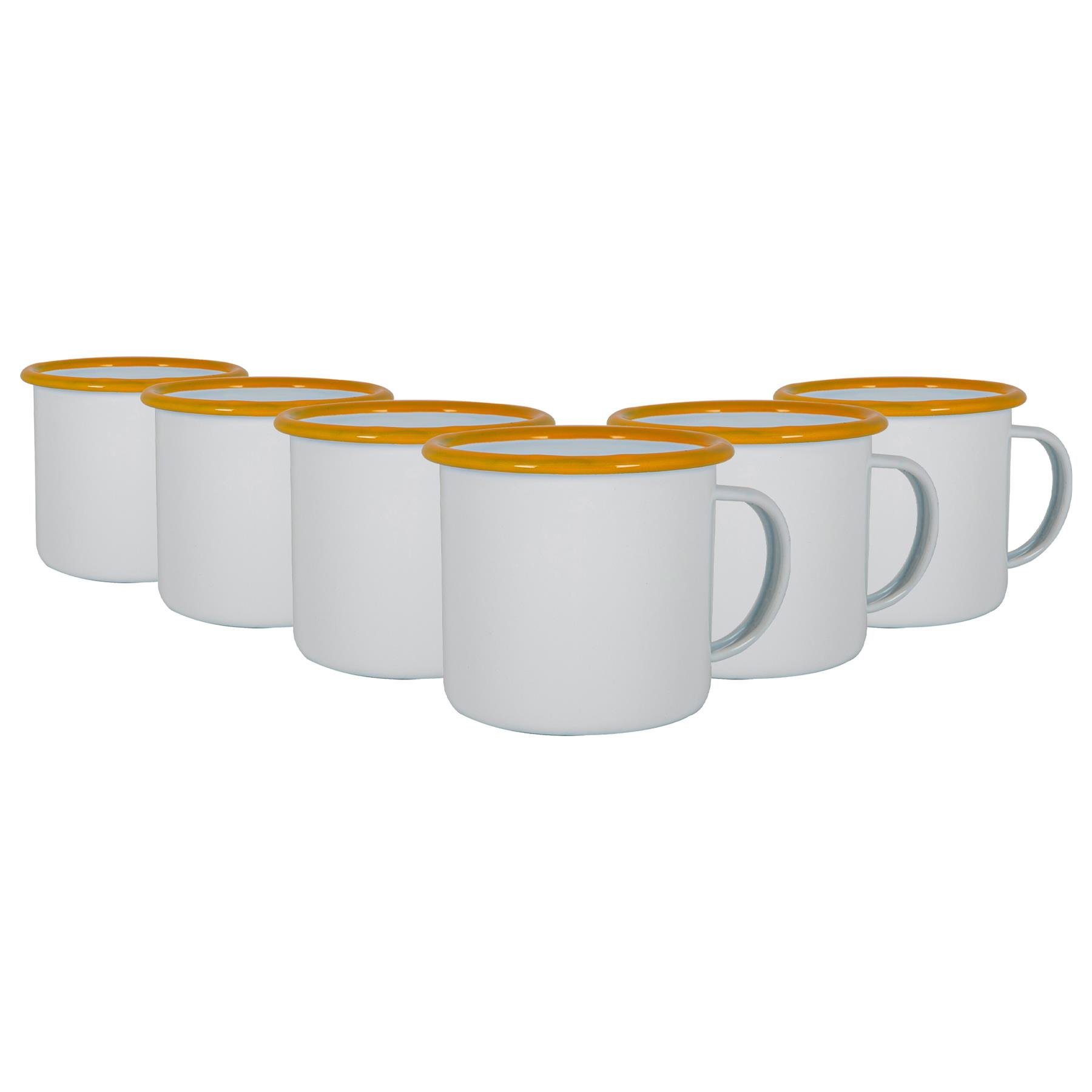 Argon Tableware White 375ml Enamel Mugs Pack of 6 - Yellow
