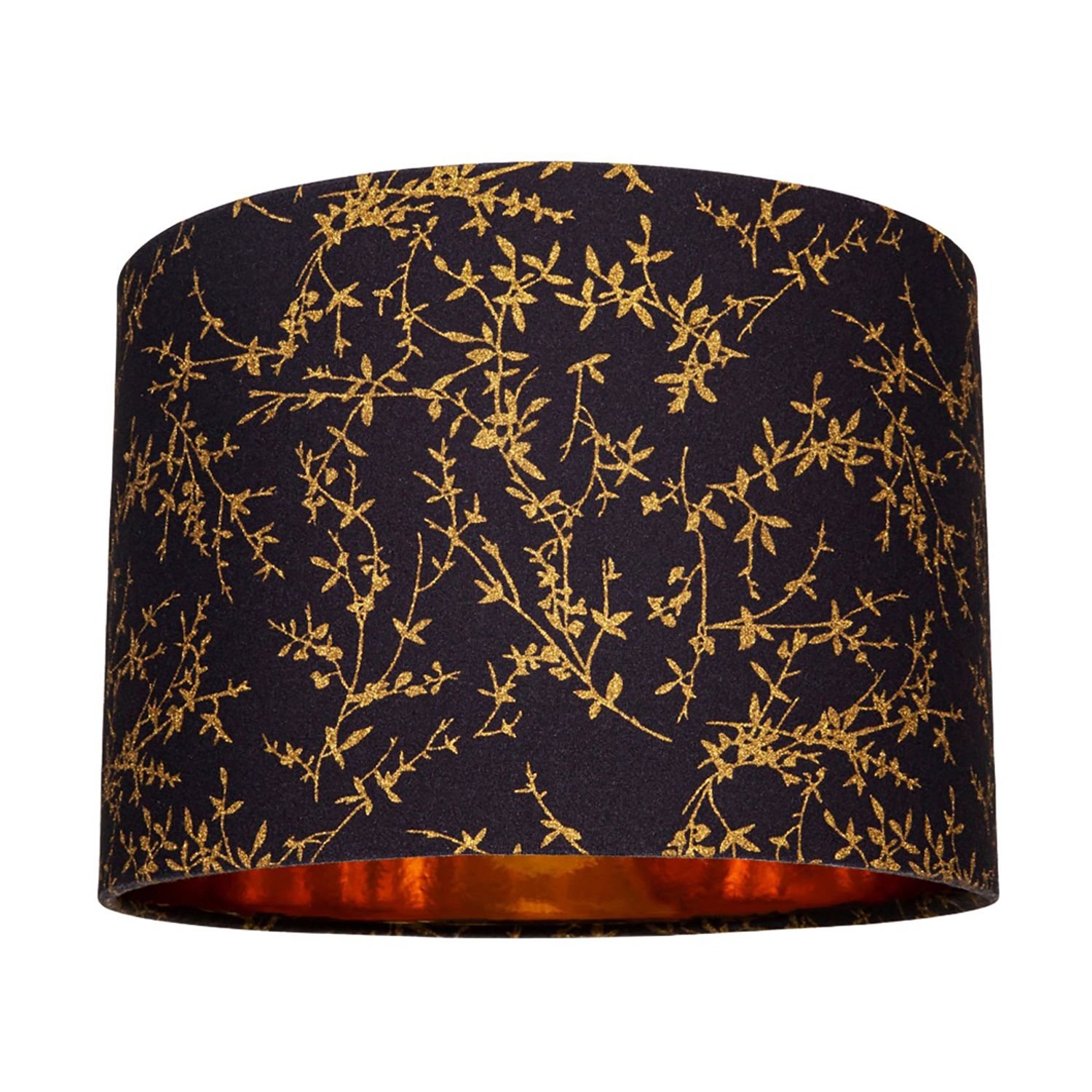 Happy Homewares Black Cotton Fabric with Gold Foil Floral Lampshade - 30cm