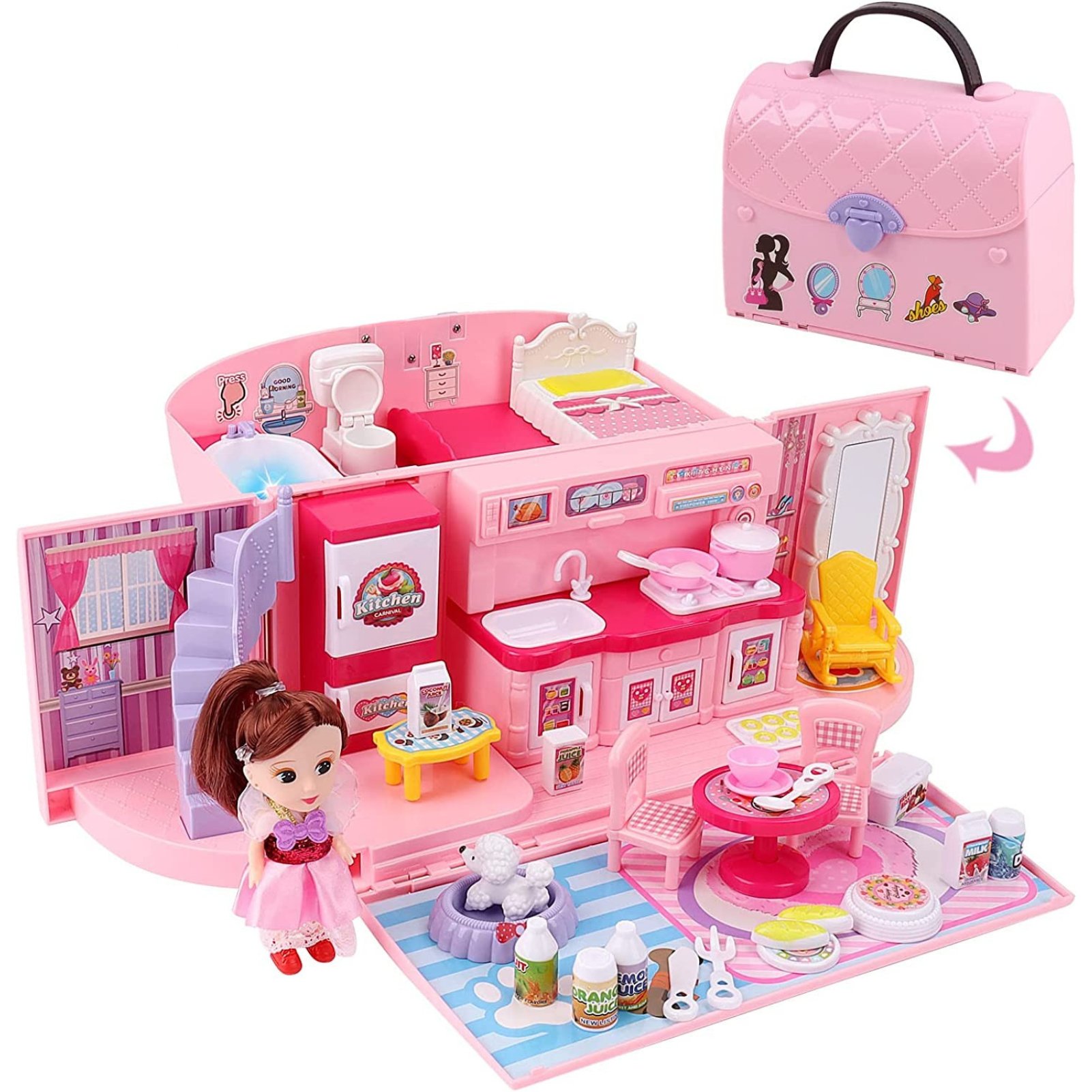 deAO 2-in-1 Portable Dollhouse Toy Set - Pink