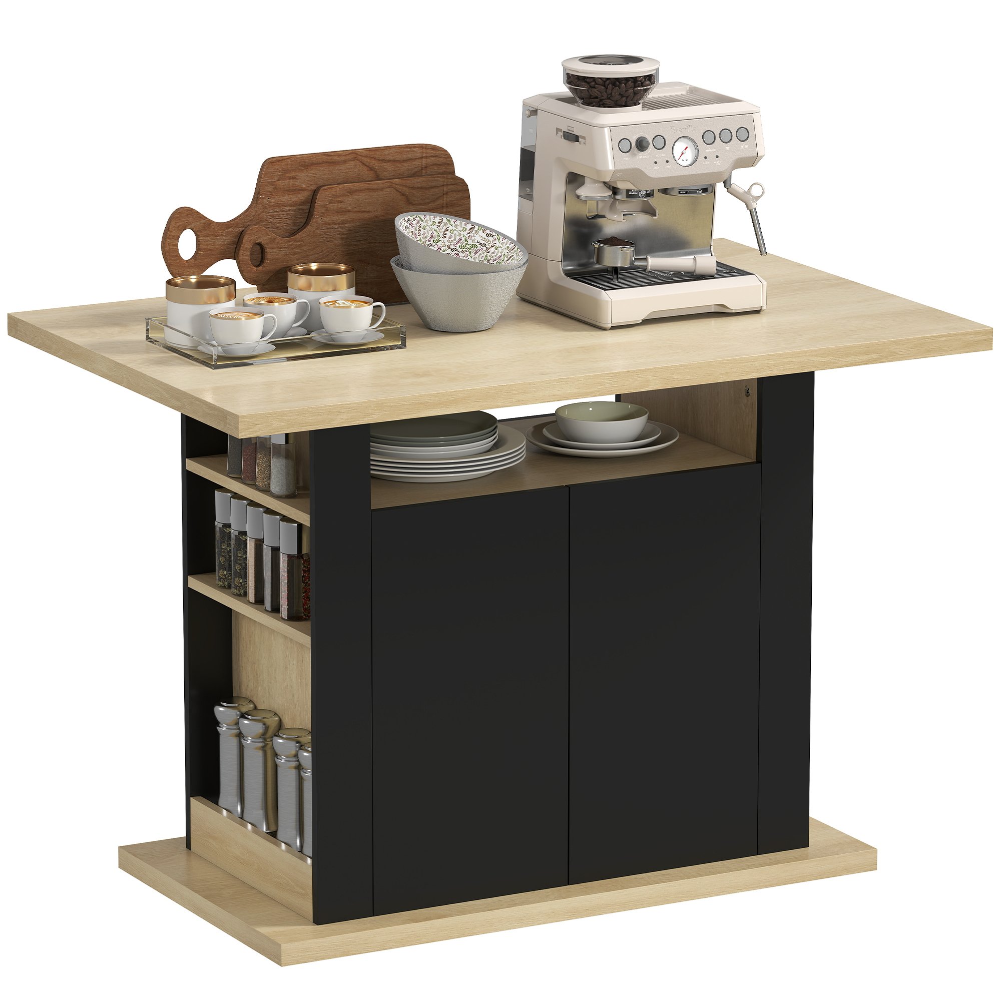 HOMCOM 4 Door Adjustable Kitchen Island - Black and Natural Wood