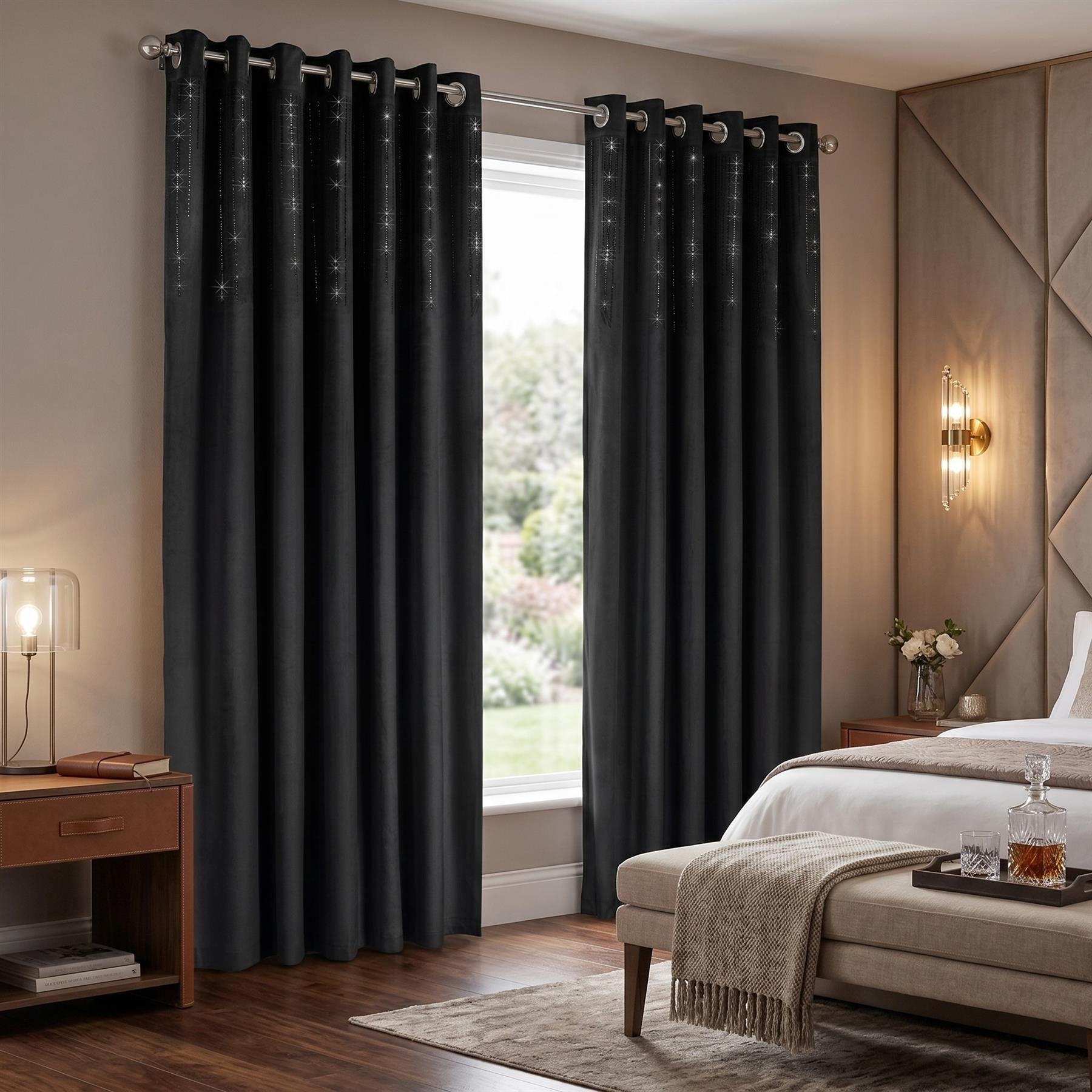 Luxury Living Blackout Velvet Diamante Eyelet Curtains 117cm x 137cm - Black