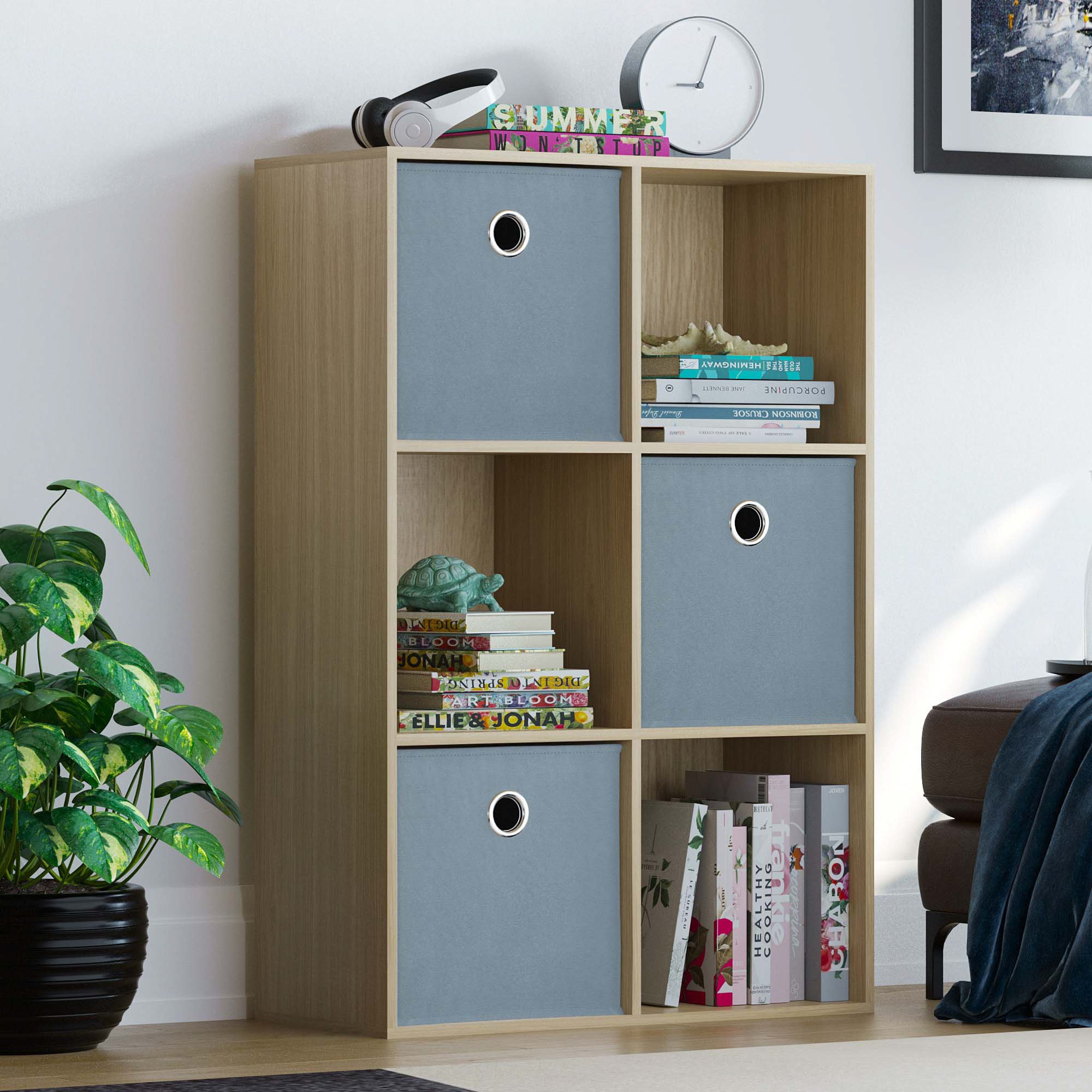 Vida Designs Durham 6 Cube Storage Unit with 3 Grey Baskets - Pine