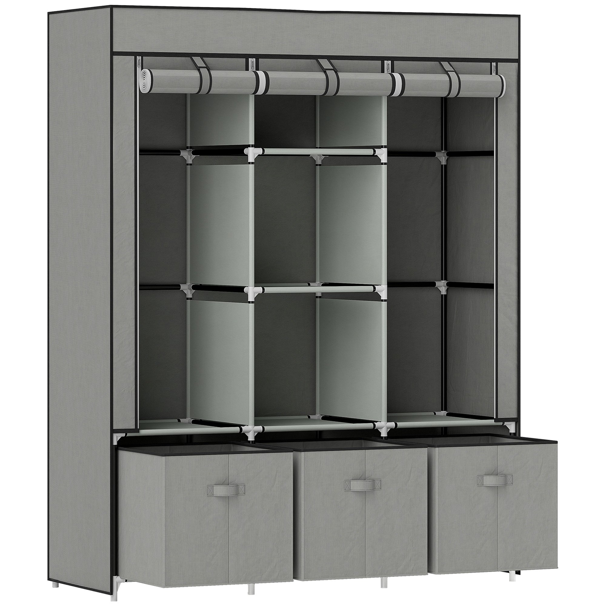 HOMCOM Fabric Wardrobe with 5 Shelves 2 Rails and 3 Drawers - Light Grey