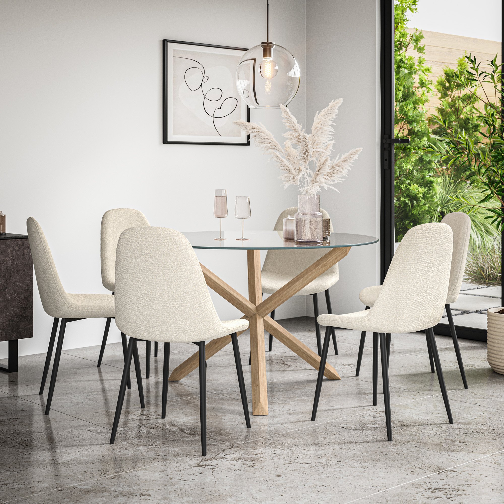 Furniture Online Malvern Maya Glass Top Dining Table & 6 Ivory Chairs