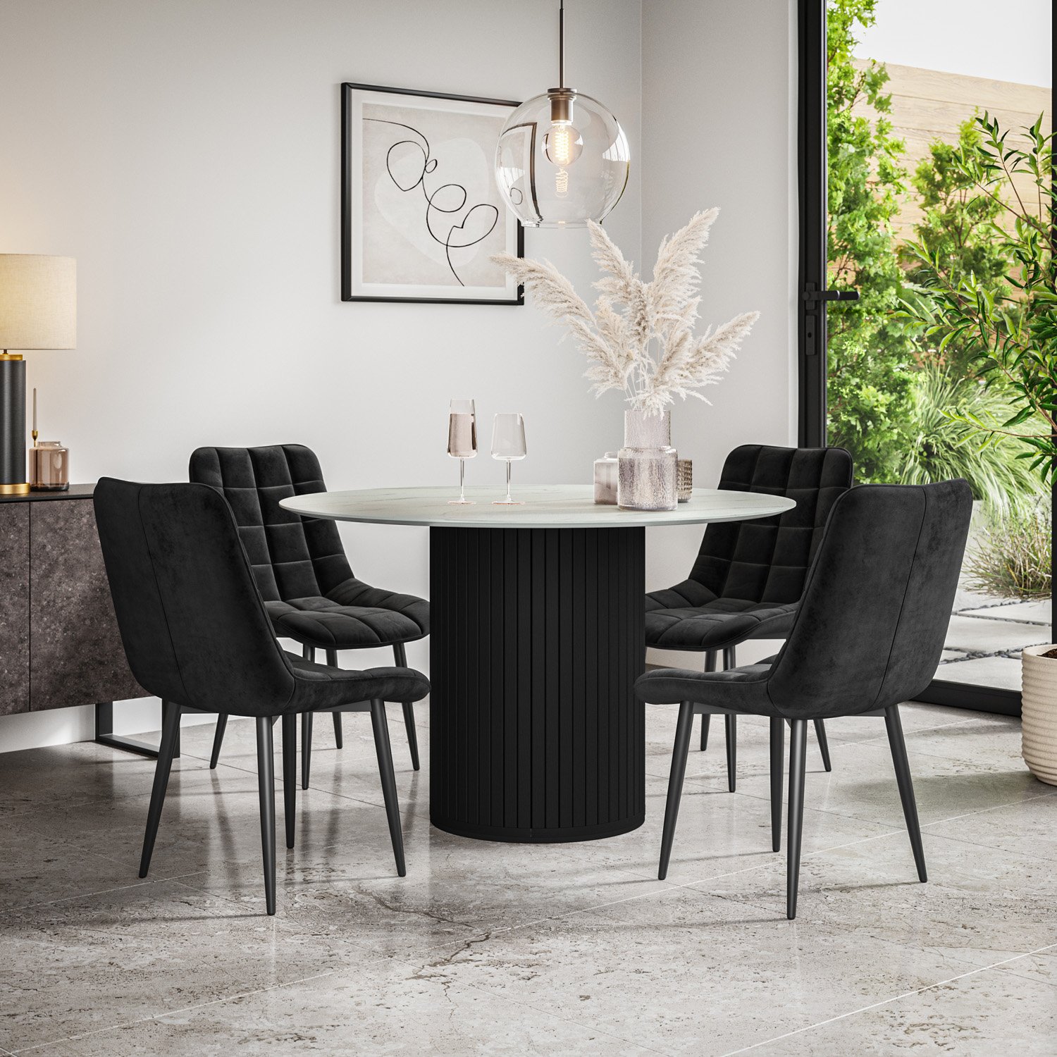 Furniture Online Arlo Nova Marble Top w Blk Legs Dining Table & 6 Black Chairs