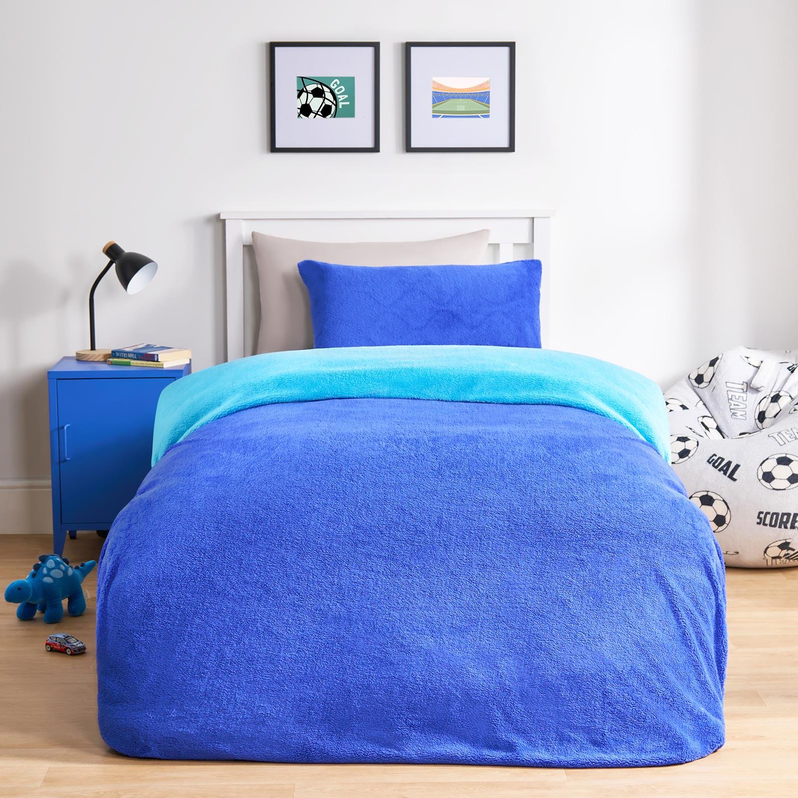 OHS Reversible Teddy Duvet Cover Set Blue/Sea Blue - Double