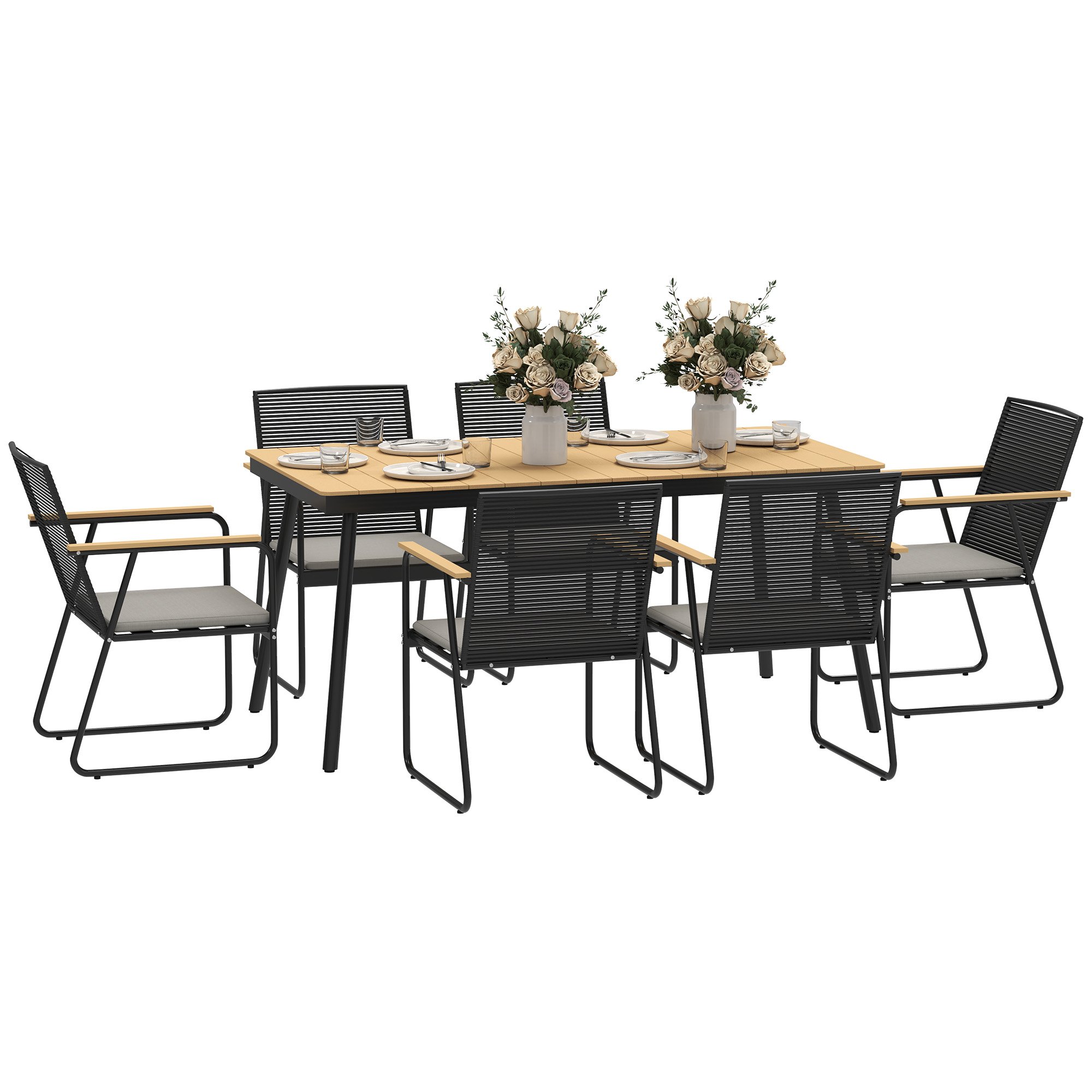 Outsunny 6 Seater Rattan Garden Dining Set with Soft Cushions - Natural Wood
