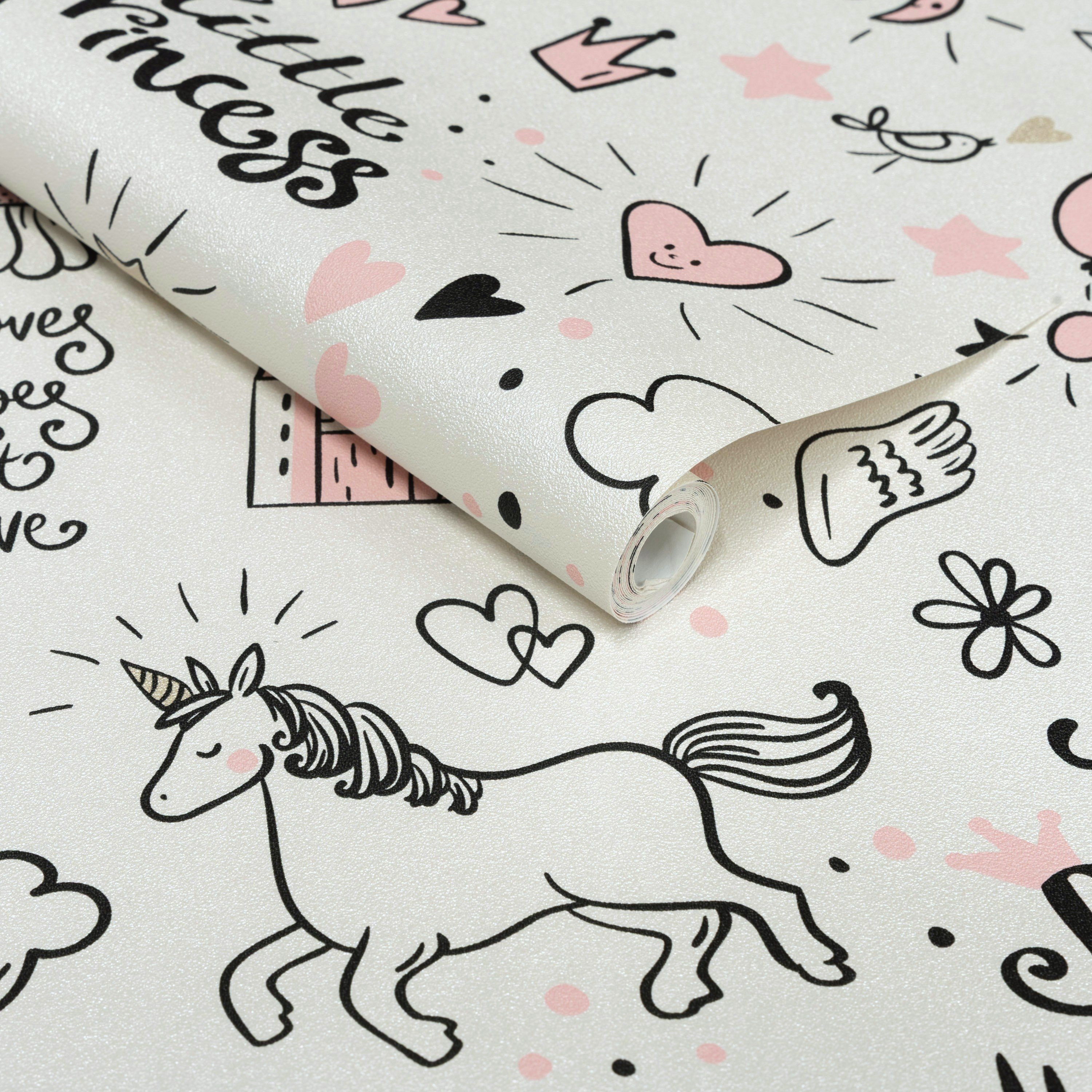 Grandeco Little Princess Unicorn Nursery Textured Wallpaper - Pink