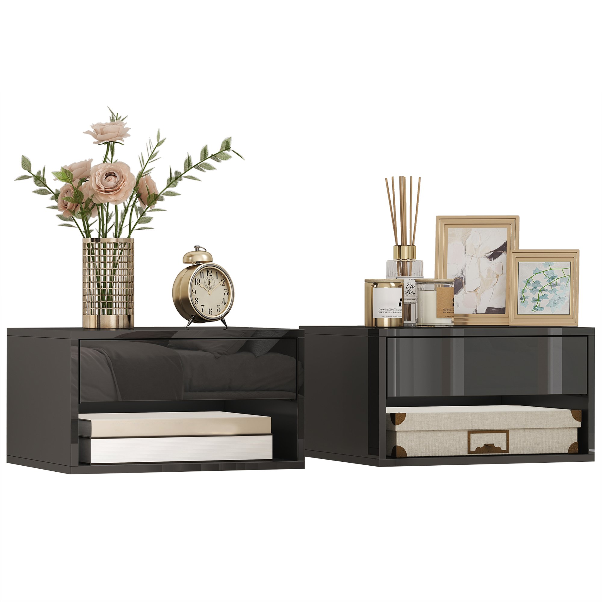 HOMCOM Set of 2 Floating Bedside Table with Drawer and Shelf - High Gloss Black