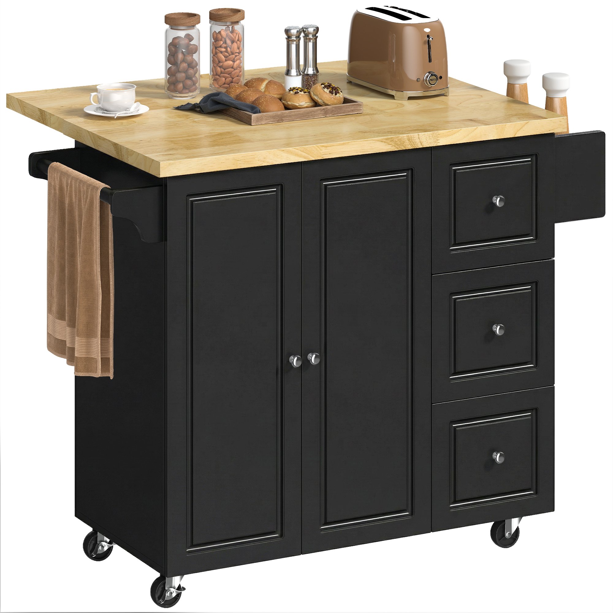 HOMCOM Rolling Kitchen Island with Drop Leaf Rubber Wood Top - Black