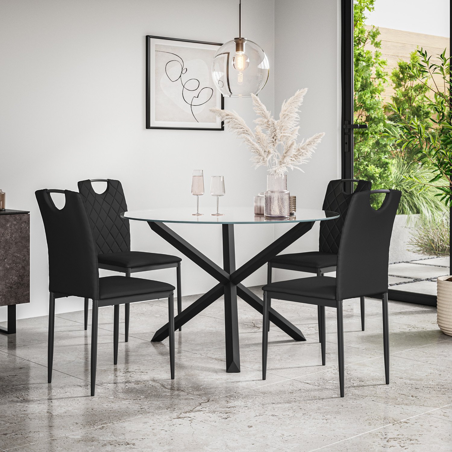Furniture Online Malvern Monza Glass Top Dining Table & 4 Black Chairs