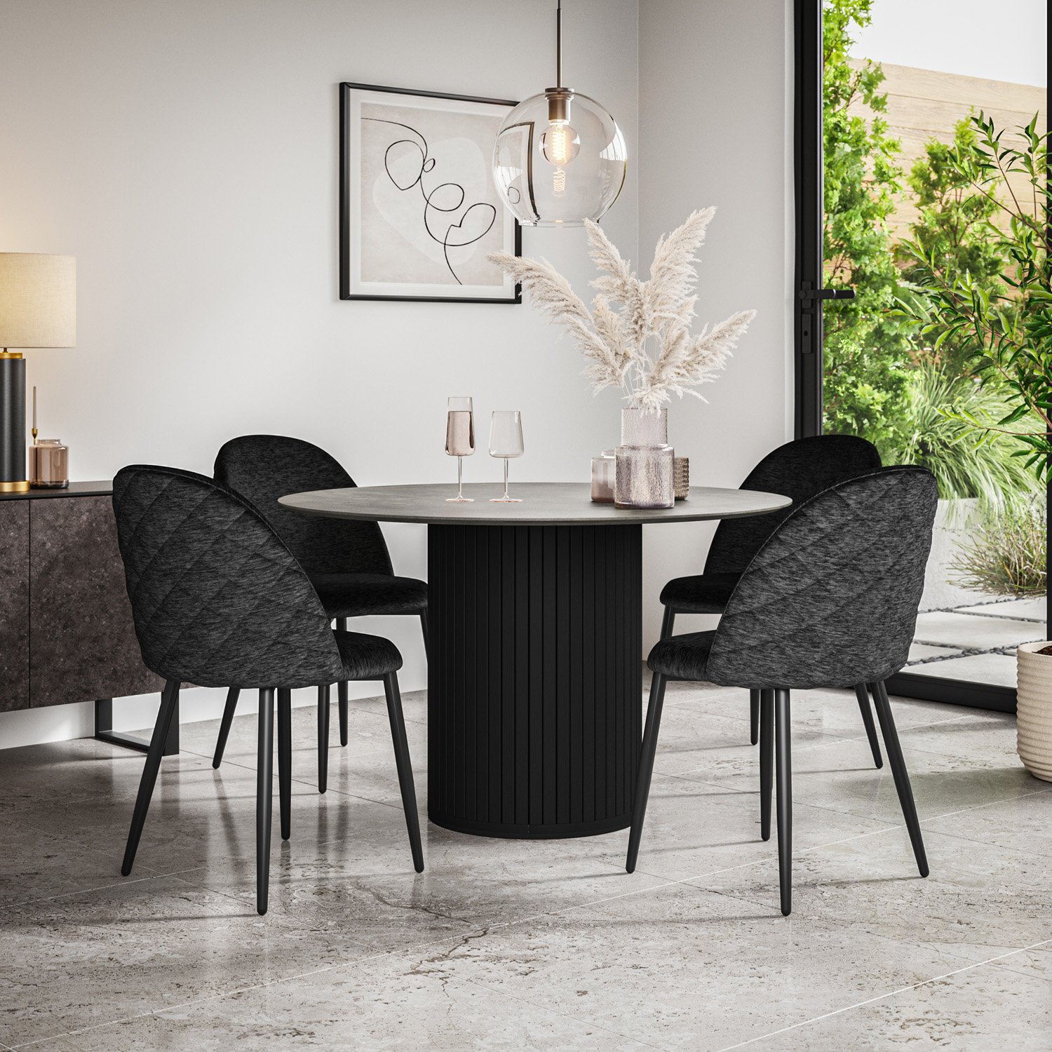 Furniture Online Arlo Raye Concrete Top w Blk Legs Dining Table & 6 Black Chairs