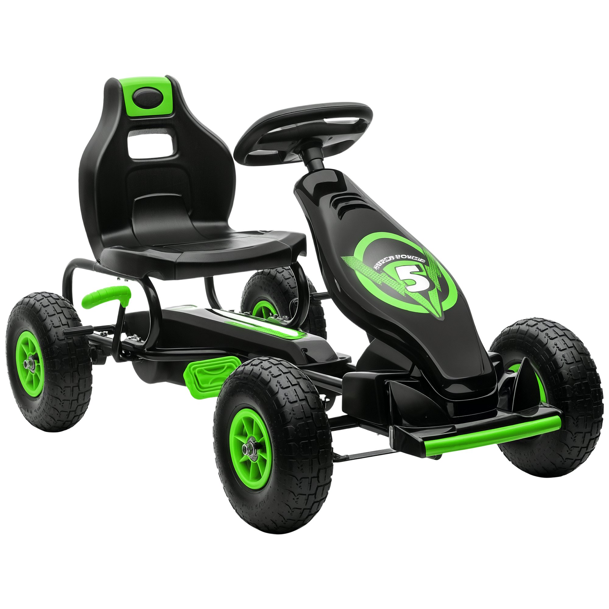 HOMCOM Adjustable Seat Inflatable Tyres Handbrake Kids Pedal Go Kart - Green