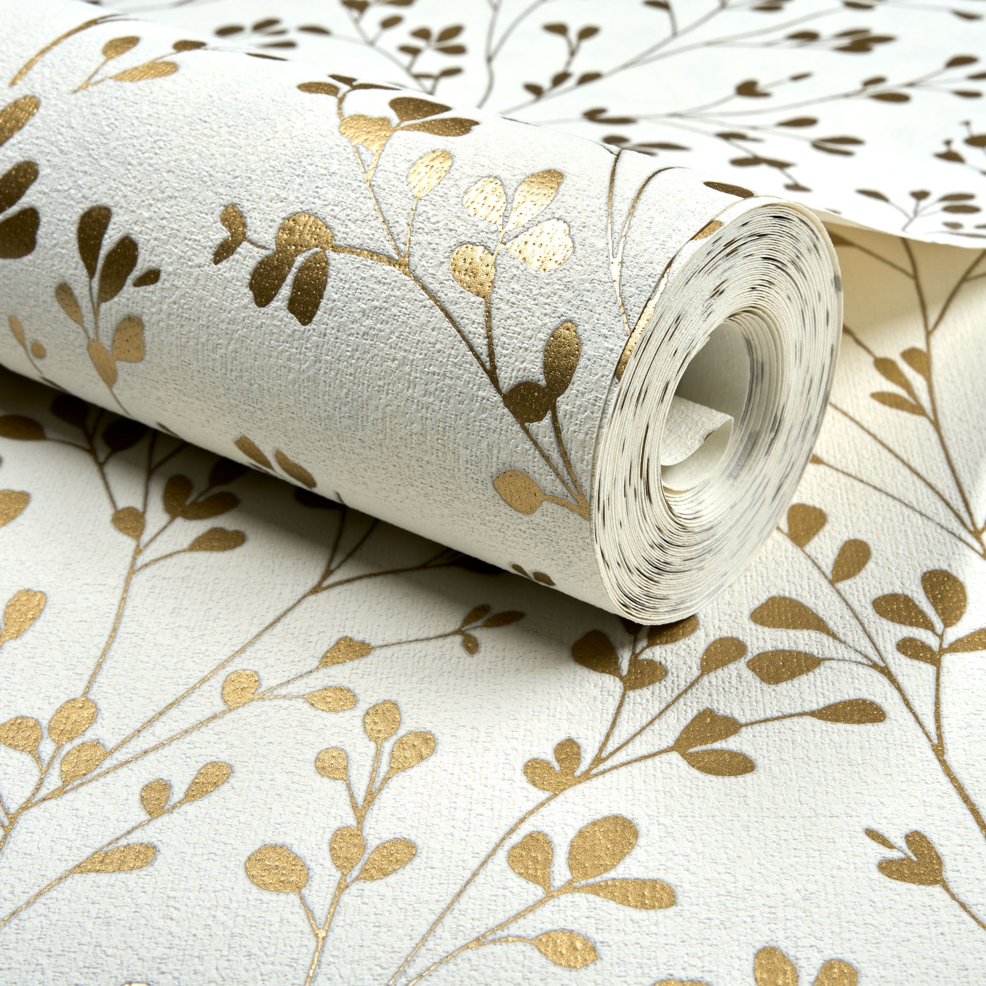 Grandeco Calluna Delicate Metallic Sprig Blown Vinyl Wallpaper - Cream Gold